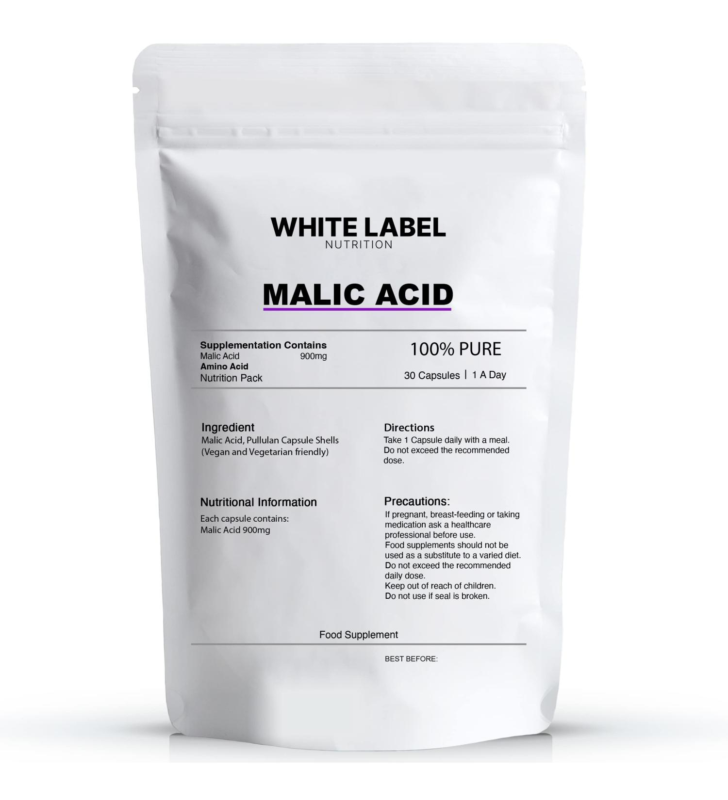 White Label Nutrition Malic Acid Supplement - High Potency | 30 Capsules | 900mg | UK Made | GMO-Free - Buy Online on GoSupps.com