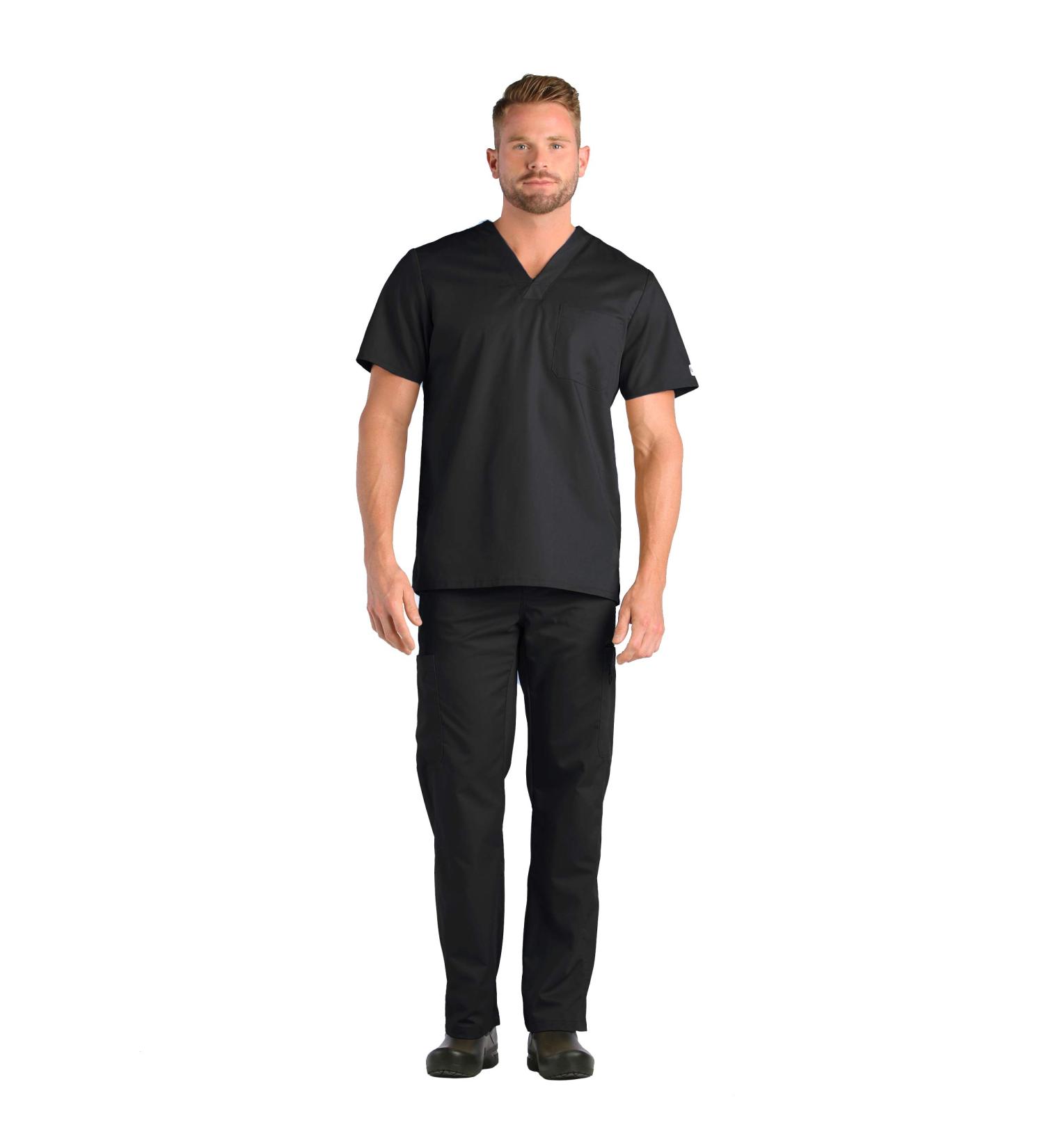 Maevn EON Active Men's One Chest Pocket V-Neck Top & Half Elastic 8-Pocket Cargo Pants Scrub Set Medium Black