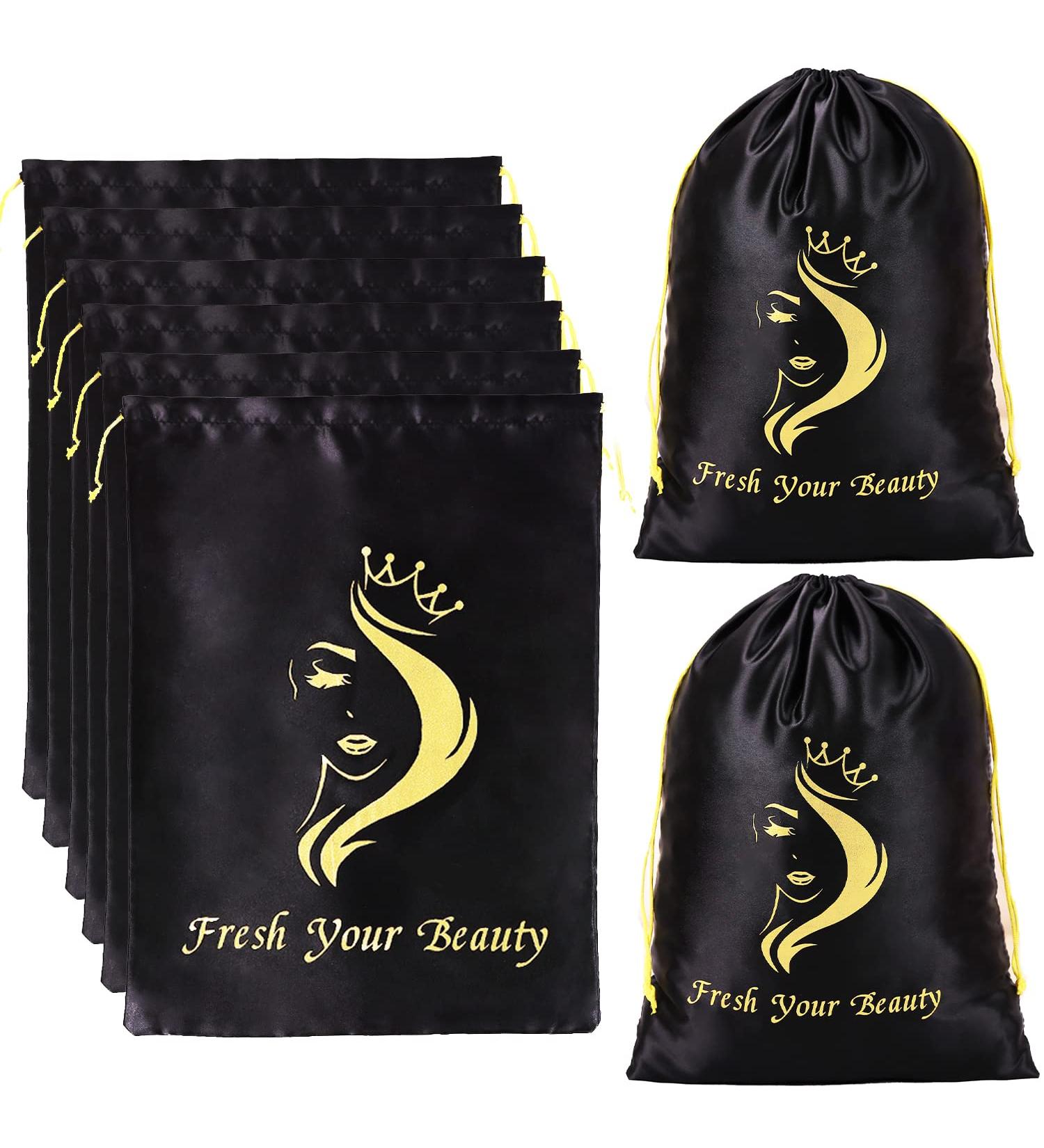 Satin Hair Packaging Bags - 6PCS Black | Soft Silk Satin Pouches with Drawstring for Bundles, Wigs & Hair Tools - Home and Salon Use - Buy Online on GoSupps.com