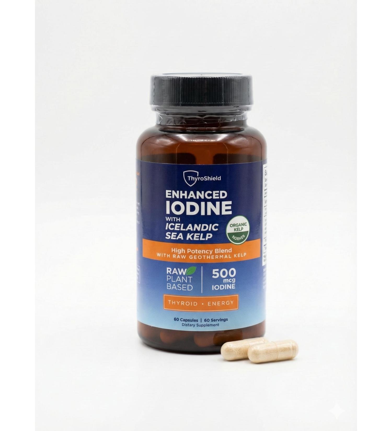ThyroShield Iodine Supplement 500 mcg Pure Raw Form Whole Food Iodine Potassium Iodide Icelandic Sea Kelp & Trace Minerals Daily Thyroid Support for Energy Metabolism Vegan 60 Capsules