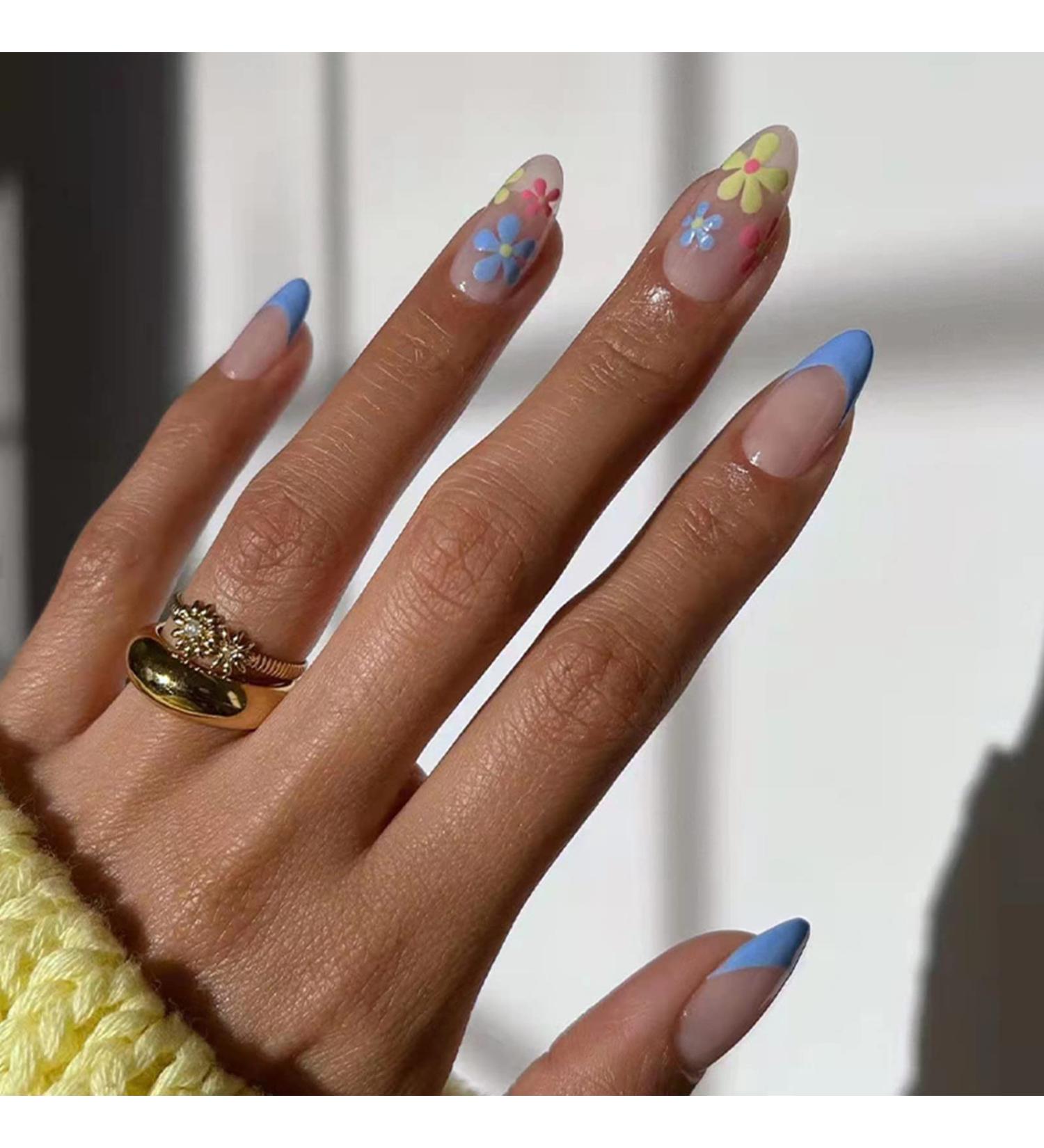 JUSTOTRY 24 Pcs Almond Fake Nails Short: Light Blue & Flower Design French False Nails for Women - Buy Online on GoSupps.com