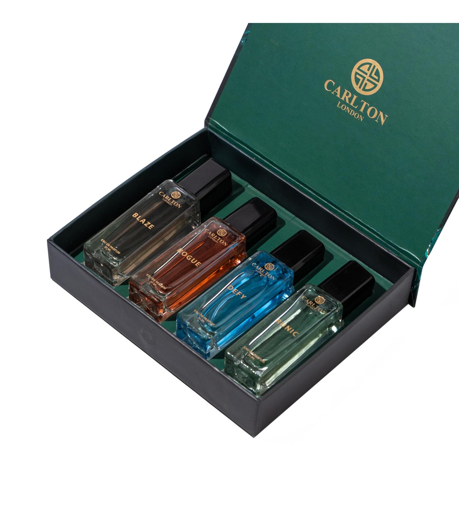 Carlt'on Lond'on Iconic Men Liquid Perfume Gift Set Premium Fragrances With Woody Citrusy Scent Defy Rogue Blaze & Runic Long Lasting Edp Perfume Birthday Anniversary Gifting I 4X20 Ml