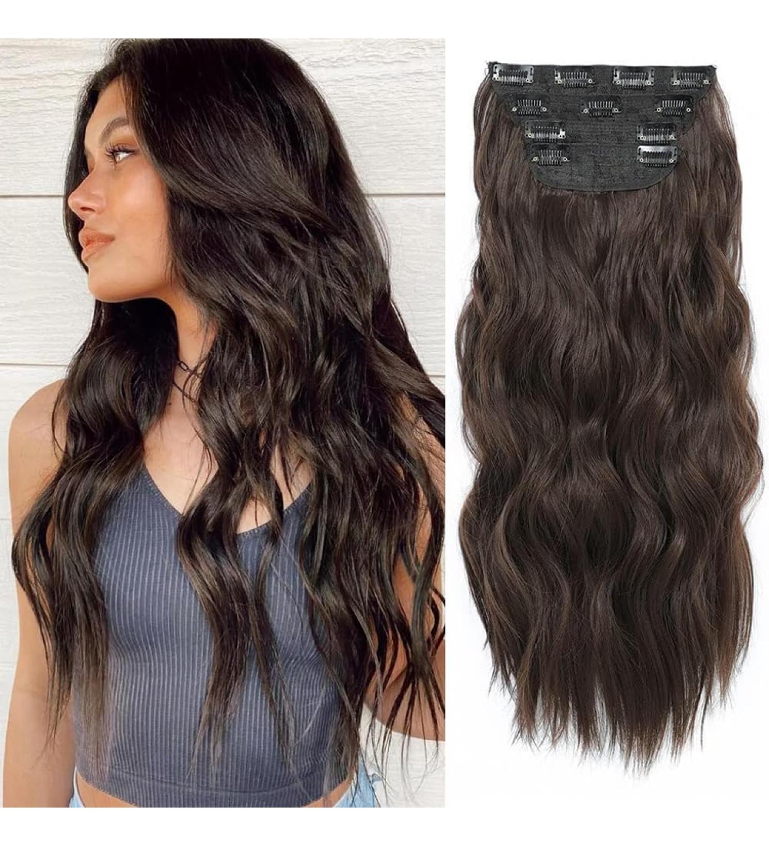Natural Brown Long Wavy Clip in Hair Extensions - 4pcs Full Head Synthetic Fiber Pieces for Women - Buy Online on GoSupps.com