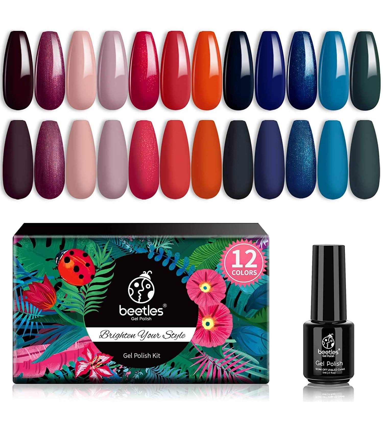 Beetles 12 Pcs Gel Nail Polish Set in Flannel & Fleece Nude Pink Burgundy Red Glitter - Christmas Nail Art Kit with Orange, Dark Blue, Green Colors - Buy Online on GoSupps.com