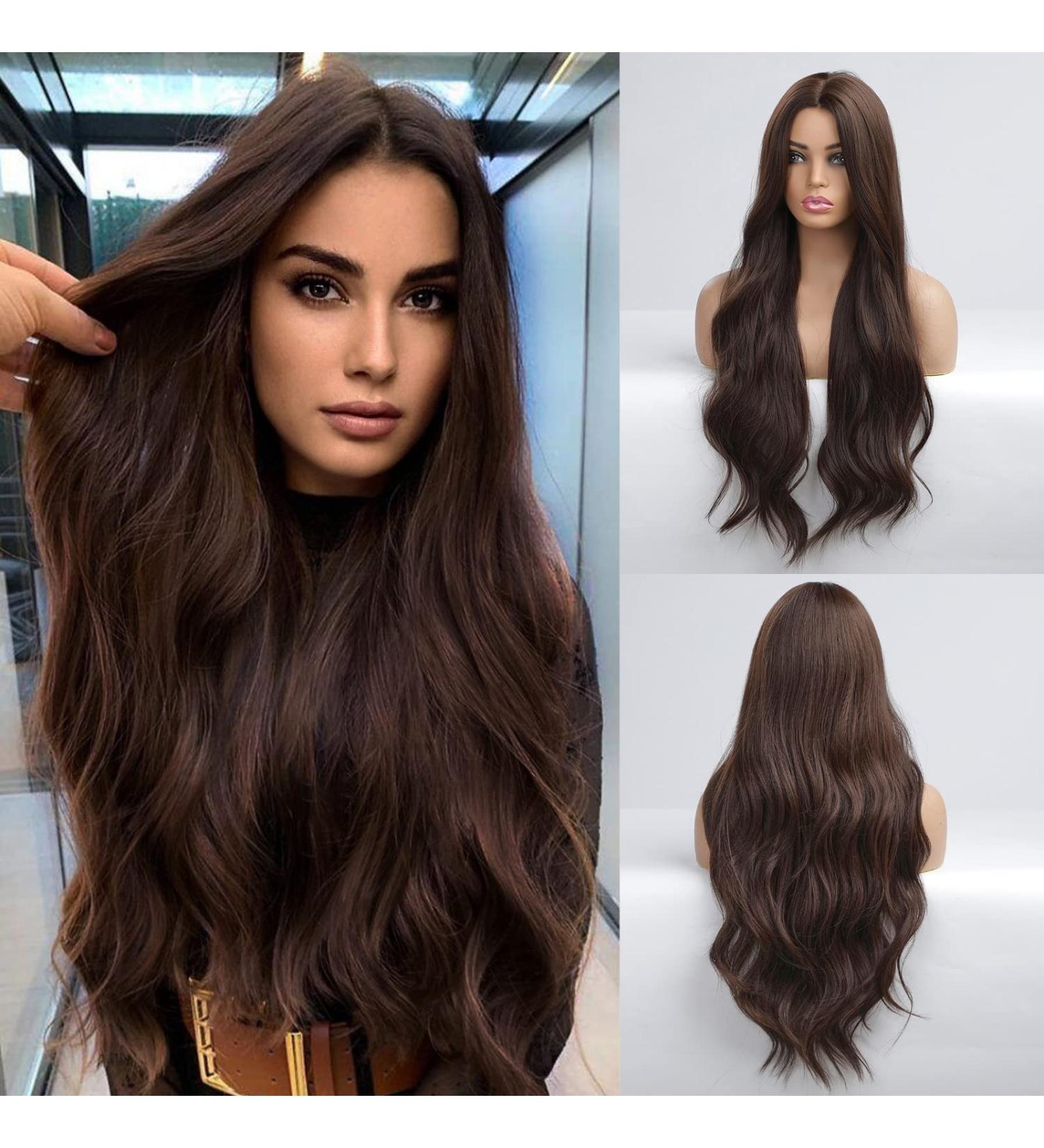 HAIRCUBE Long Dark Brown Curly Synthetic Wig for Women - Middle Parting Cocoa Brown - Buy Online on GoSupps.com