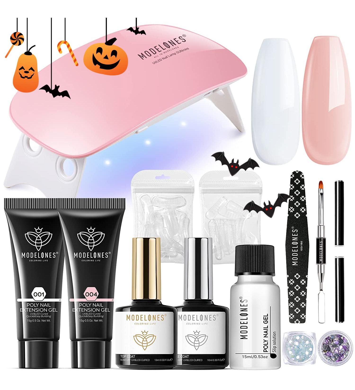 Modelones Poly Extension Gel Nail Kit - Nude & White Colors | Builder Extension Gel Set with Mini Nail Lamp, Slip Solution, Rhinestones | French DIY Nail Art Design Beginner Kit - A-Light Apricot - Buy Online on GoSupps.com