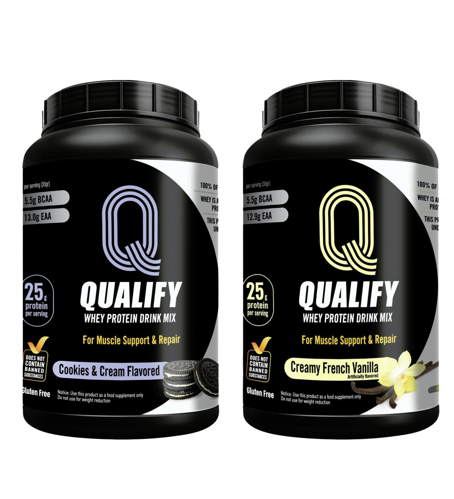 Qualify Cookies and Cream + French Vanilla Whey Protein Powder Bundle - Gluten-Free 25g Protein 5.5g BCAA 2.7g Leucine 1.4g Isoleucine 1.4g Valine - Buy Online on GoSupps.com