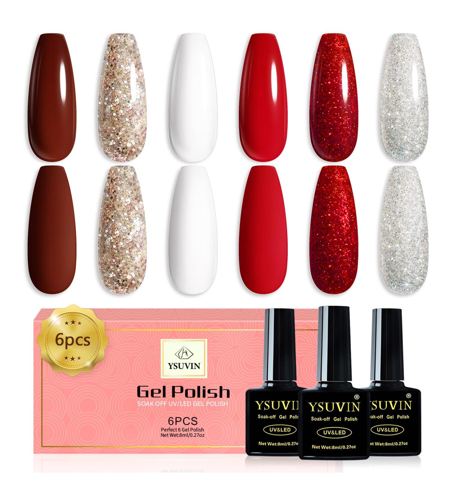 Yueshop 6 PCS Gel Nail Polish Kit - Red Burgundy Nail Polish Red Glitter Silver Sparkle Gel Nail Polish Soak Off UV Gel Nail Lamp Varnish Manicure Kit For Valentines Beauty Gift (6PCS 8ml) - Buy Online on GoSupps.com