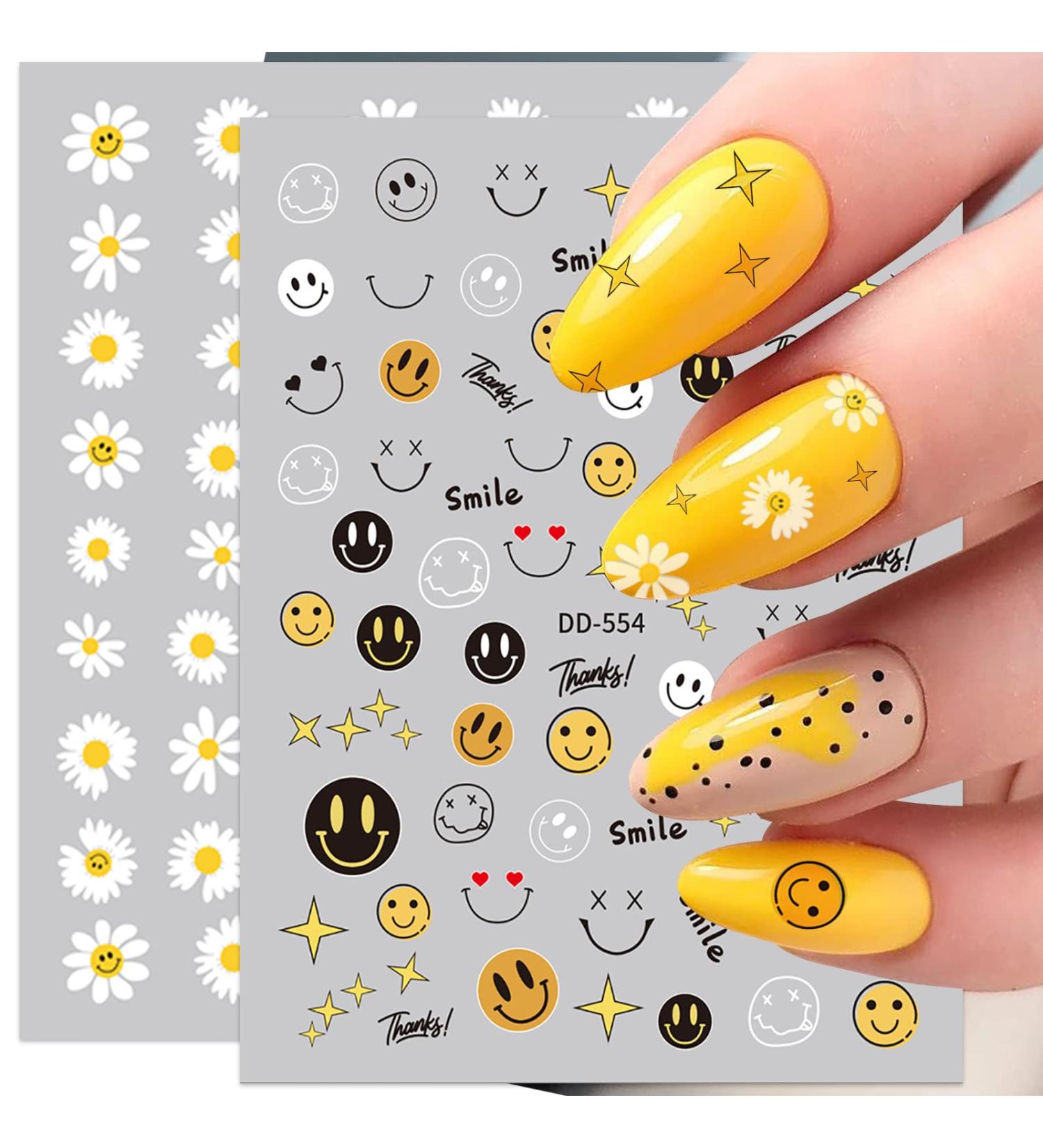 Spring Daisy Sunflower Nail Art Stickers - 3D Self Adhesive Floral Design for Manicure - Cute Smile Face Decals - White Yellow Flower Decoration - Pack of 8 Sheets - Buy Online on GoSupps.com