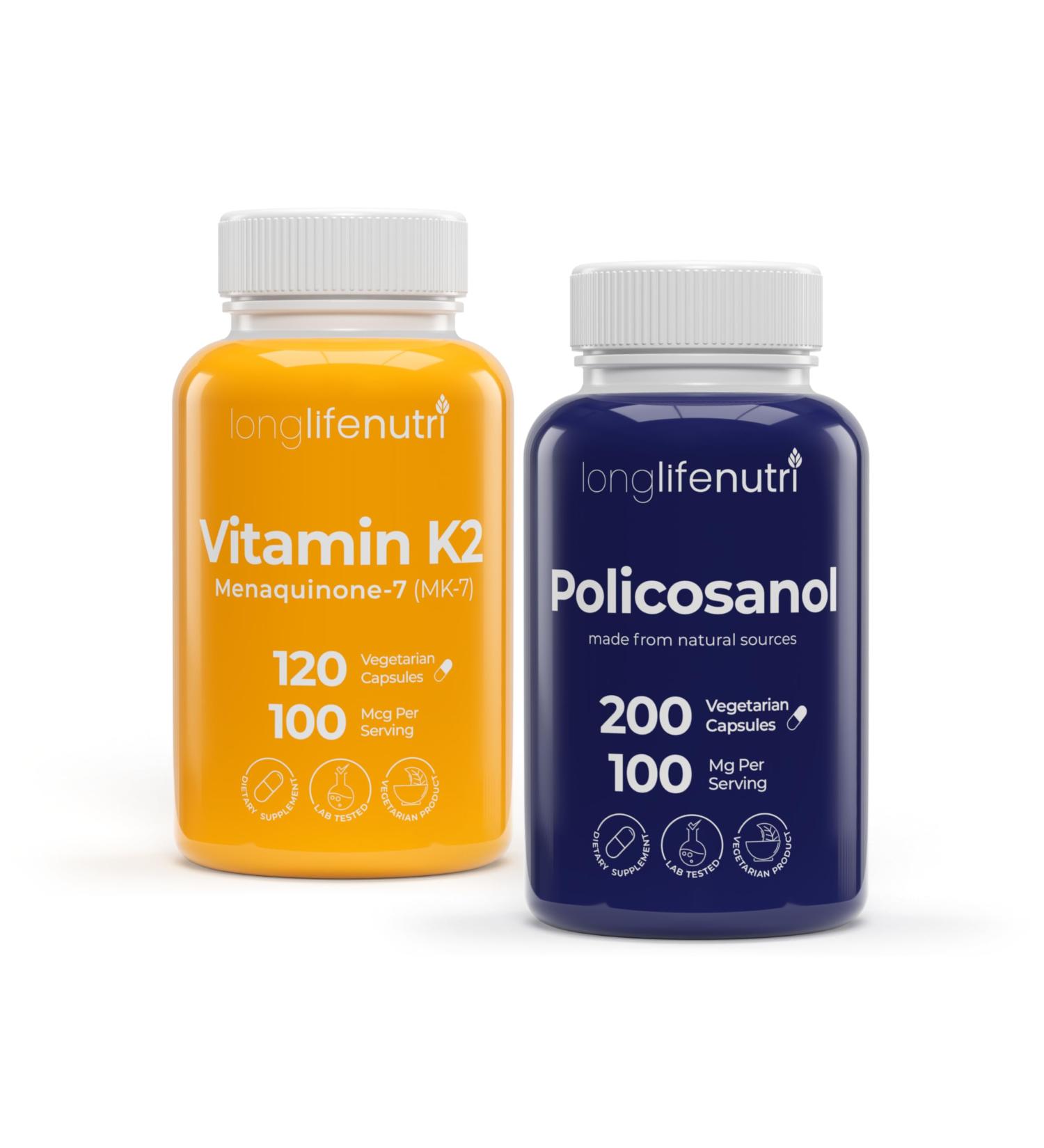 LongLifeNutri Vitamin K2 MK-7 100 mcg & Policosanol 100 mg Bundle 120 Veg Capsules + 200 Veg Capsules Up to 4-Month Supply Bone & Heart Wellness Support Lab Tested Non-GMO Made in USA - Buy Online on GoSupps.com