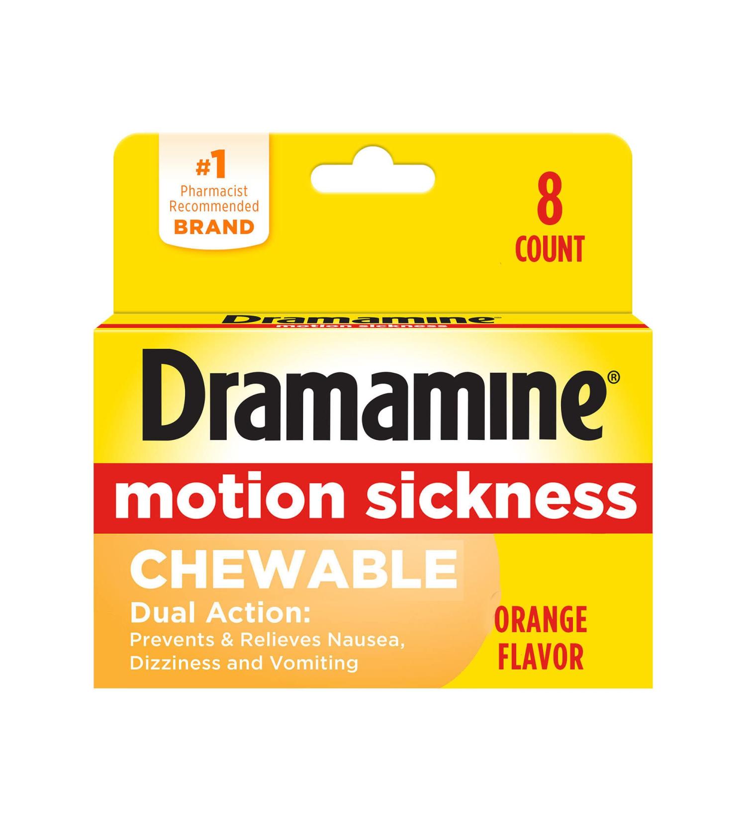 Dramamine Motion Sickness Relief Chewable Orange Flavor - 8 Count Pack, Fast-Acting Formula - Buy Online on GoSupps.com