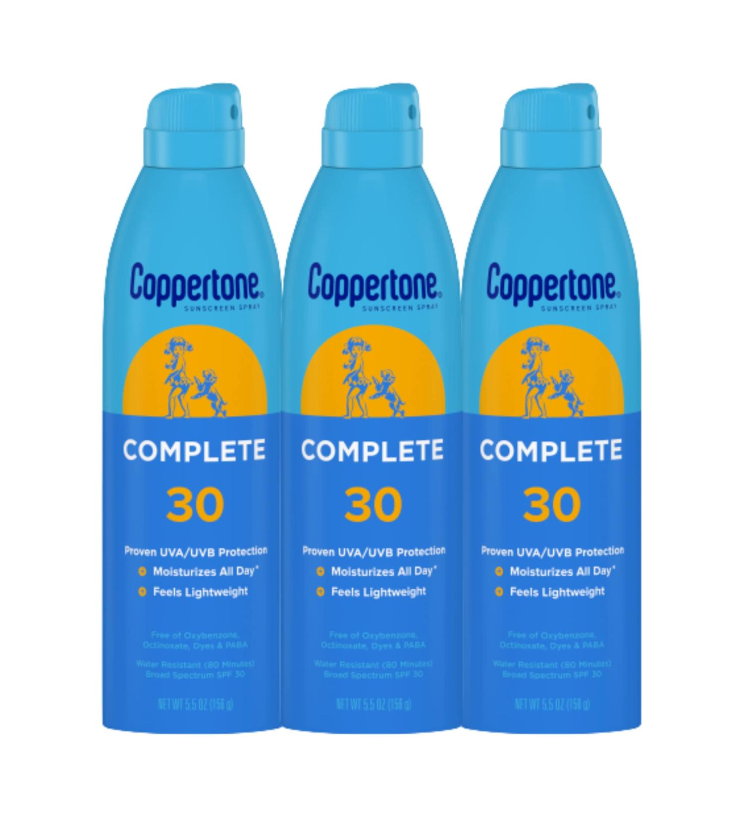 Coppertone Complete SPF 30 Sunscreen Spray 5.5 Oz Pack of 3 | Lightweight & Moisturizing | Water Resistant SPF 30 - Buy Online on GoSupps.com