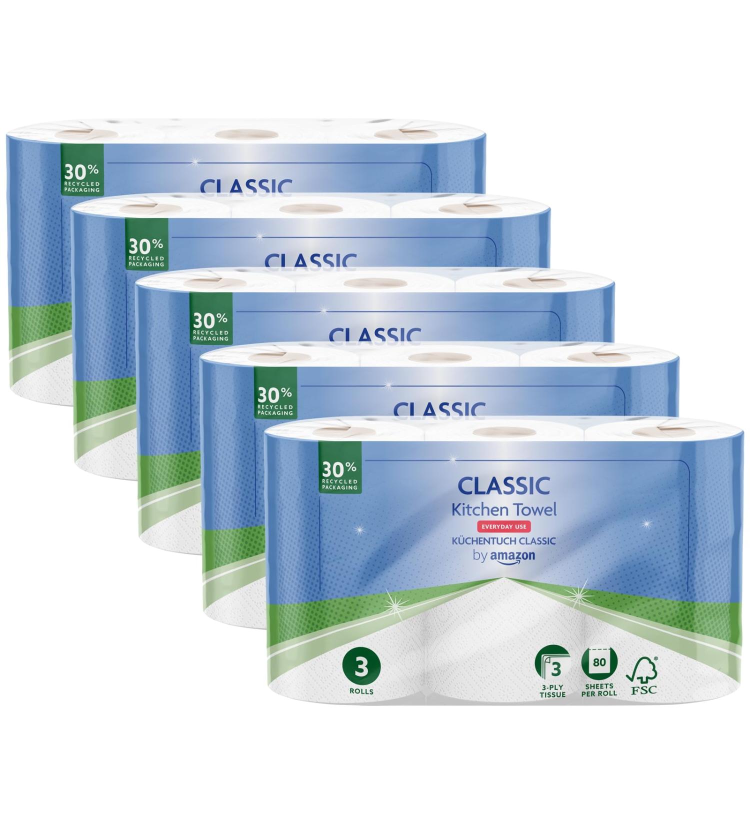 Buy Amazon Classic Kitchen Roll - 15 Rolls (5 Packs of 3) 80 Sheets per Roll | International Shipping Available - Buy Online on GoSupps.com