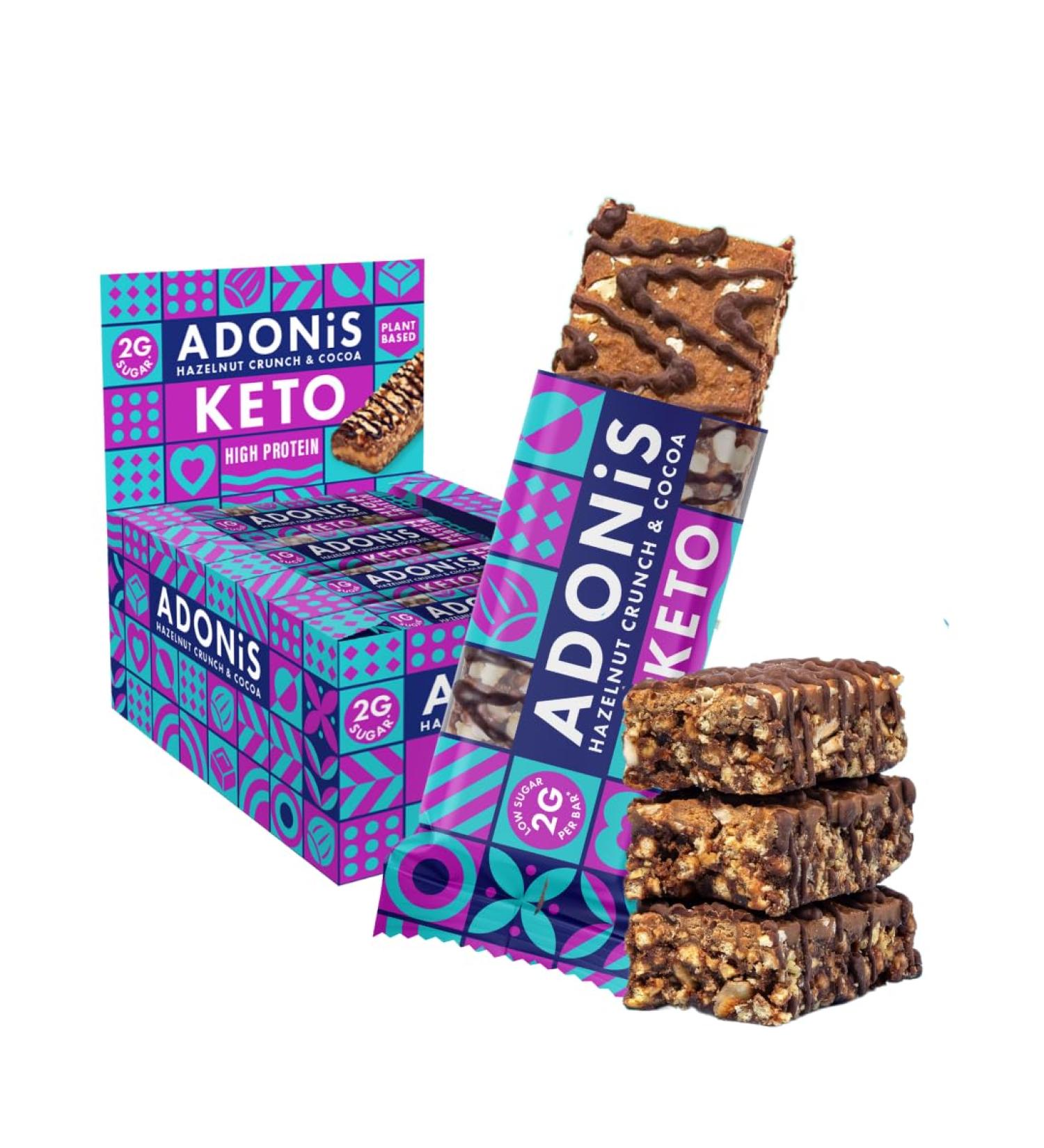 Adonis Keto High Protein Bars with Crunchy Hazelnuts and Chocolate (16 x 45g Bars) | Vegan and Keto l 100% Natural l Sugar Free Palm Oil Free Low Lactose - Buy Online on GoSupps.com