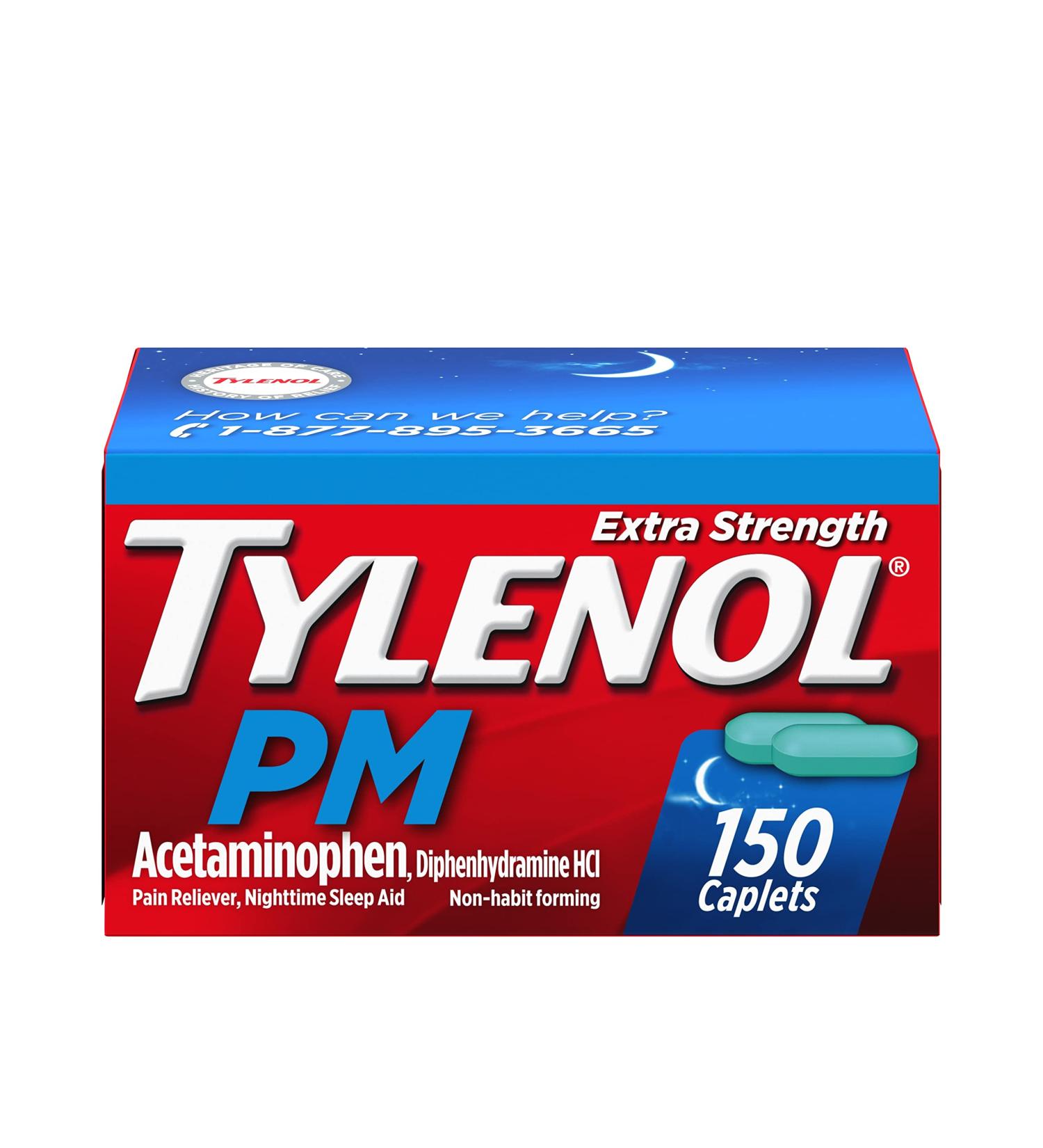 Tylenol PM Extra Strength Caplets 500 mg Acetaminophen + 25 mg Diphenhydramine HCl - 150 ct | Nighttime Pain Reliever & Sleep Aid - Buy Online on GoSupps.com
