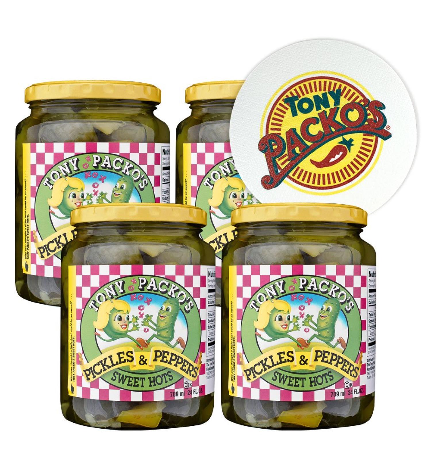 Tony Packos Sweet Hot Pickles & Peppers 4-Pack - 24oz Jars + FREE Opener - Buy Online on GoSupps.com