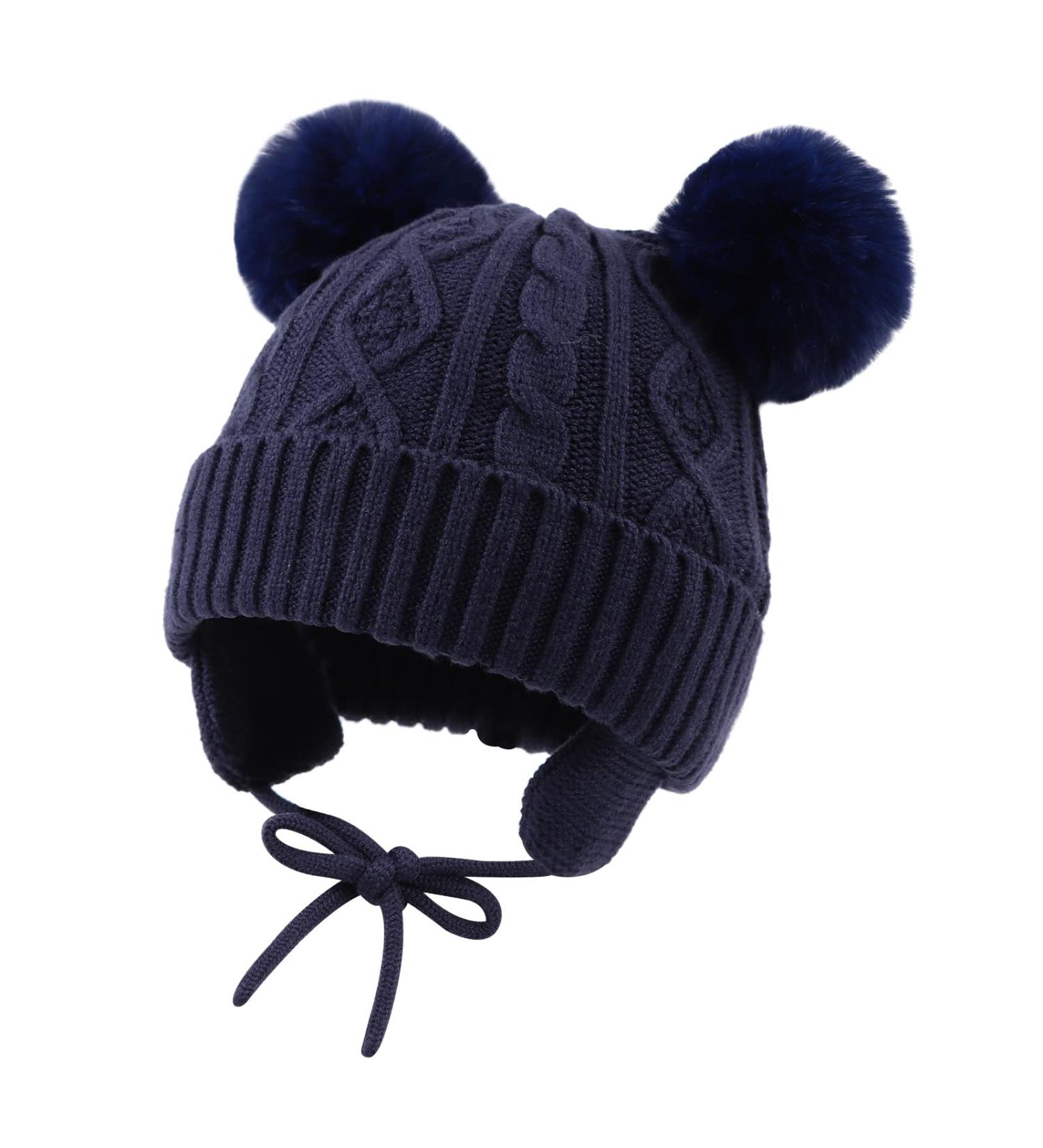 XIAOHAWANG Warm Kids Beanie Winter Knitted Baby Hat | Navy Pompom | 0-6 Months - Buy Online on GoSupps.com