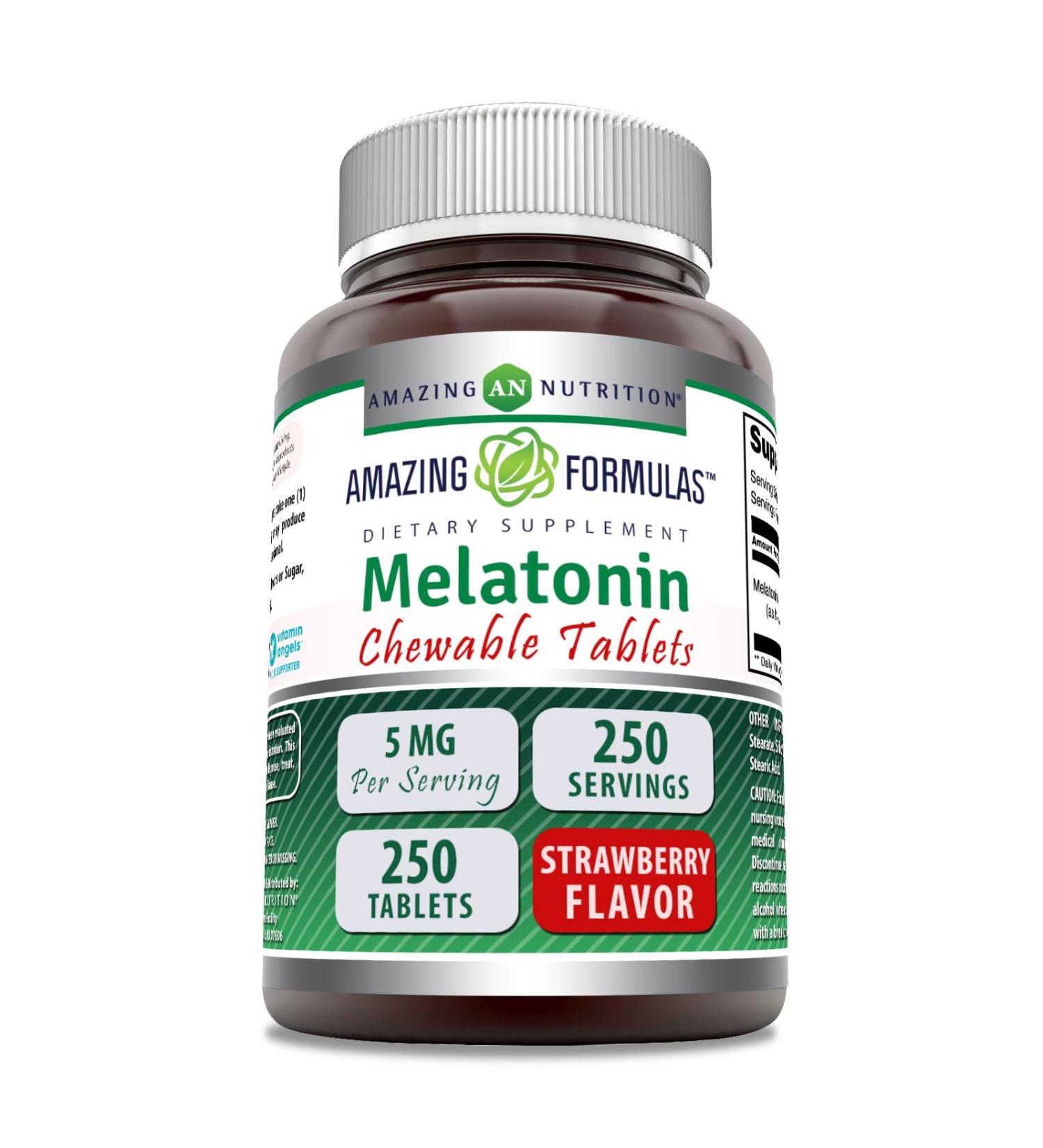 Amazing Formulas Melatonin Chewable Supplement | 5 Mg Per Serving | 250 Tablets | Non-GMO | Gluten-Free | Made in USA (Strawberry)