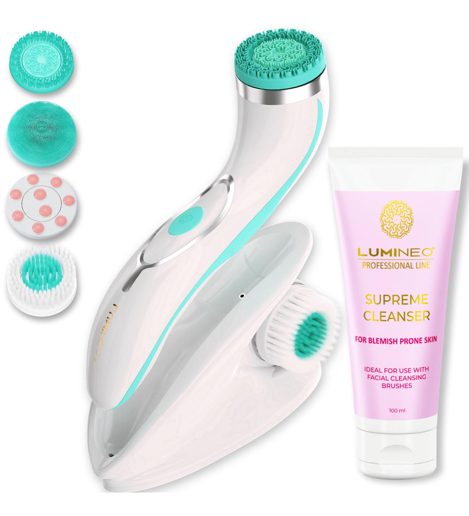 Lumineo Deep Facial Cleaning Brush - 4 Medical Silicone Attachments USB-C IPX6 Waterproof for Greasy and Blemished Skin - Turquoise - Buy Online on GoSupps.com