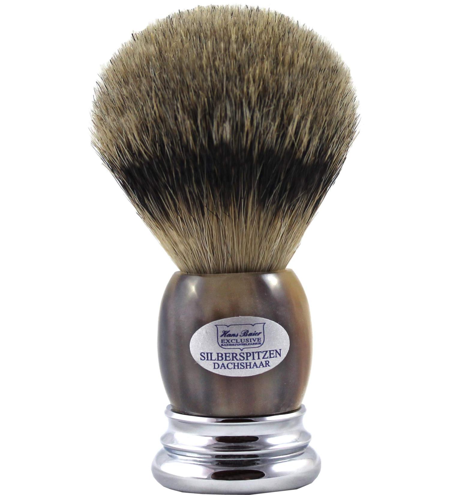 Hans Baier Exclusive shaving brush silver tip real horn light with metal base size 1
