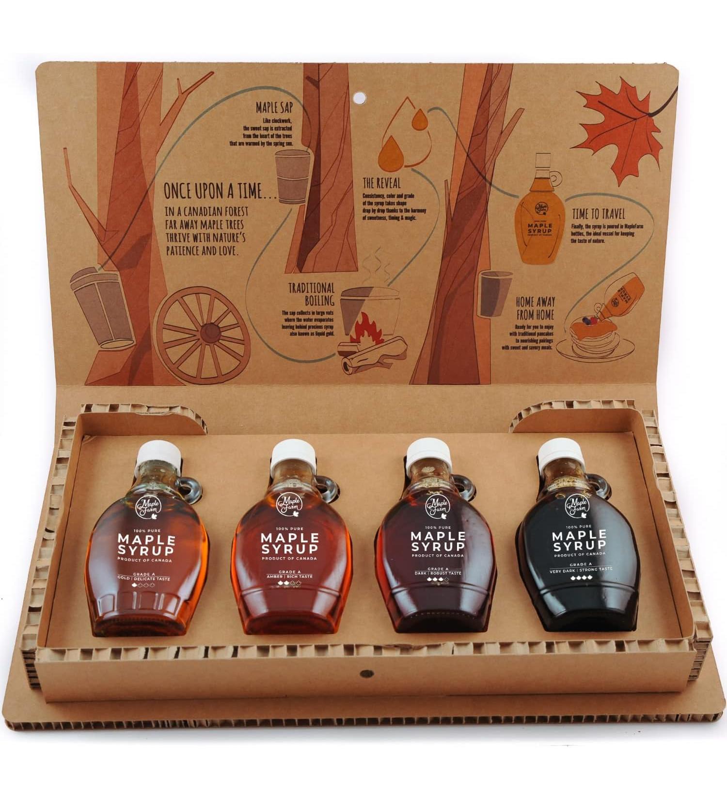 MapleFarm - Pure maple syrup in a gift box. Tasting pack 4 variants: GOLD - AMBER - DARK - VERY DARK. - Buy Online on GoSupps.com