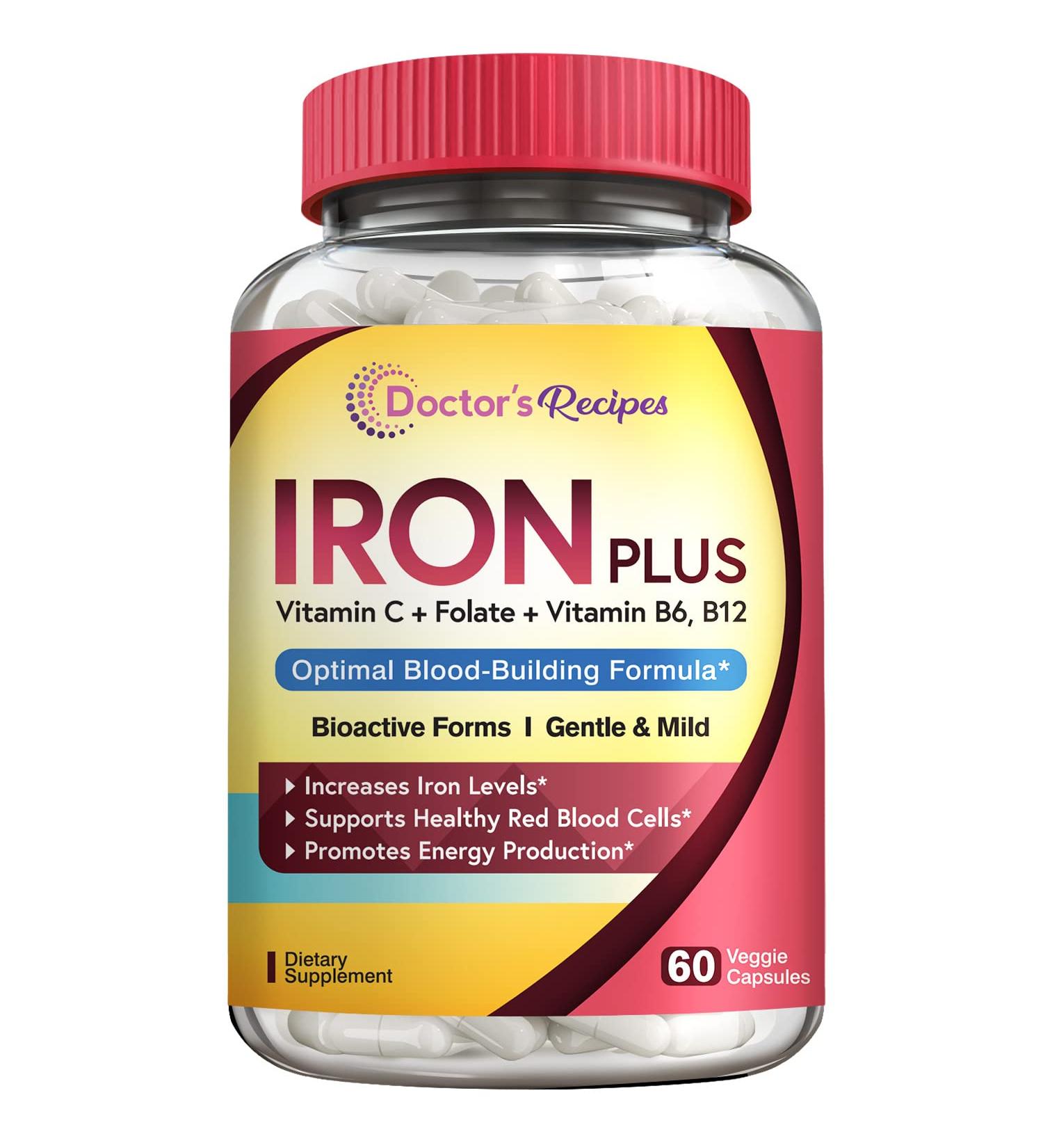 Doctor's Recipes Iron Supplement 36mg - Enhanced Absorption with Vitamin C, B6, Folate & B12 - 60 Vegan Capsules - Buy Online on GoSupps.com