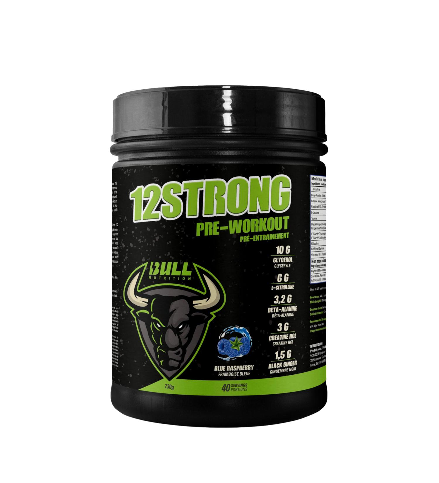 12 STRONG Pre-Workout (Blue Raspberry) - 730g - BULL Nutrition (40 Servings) - Buy Online on GoSupps.com