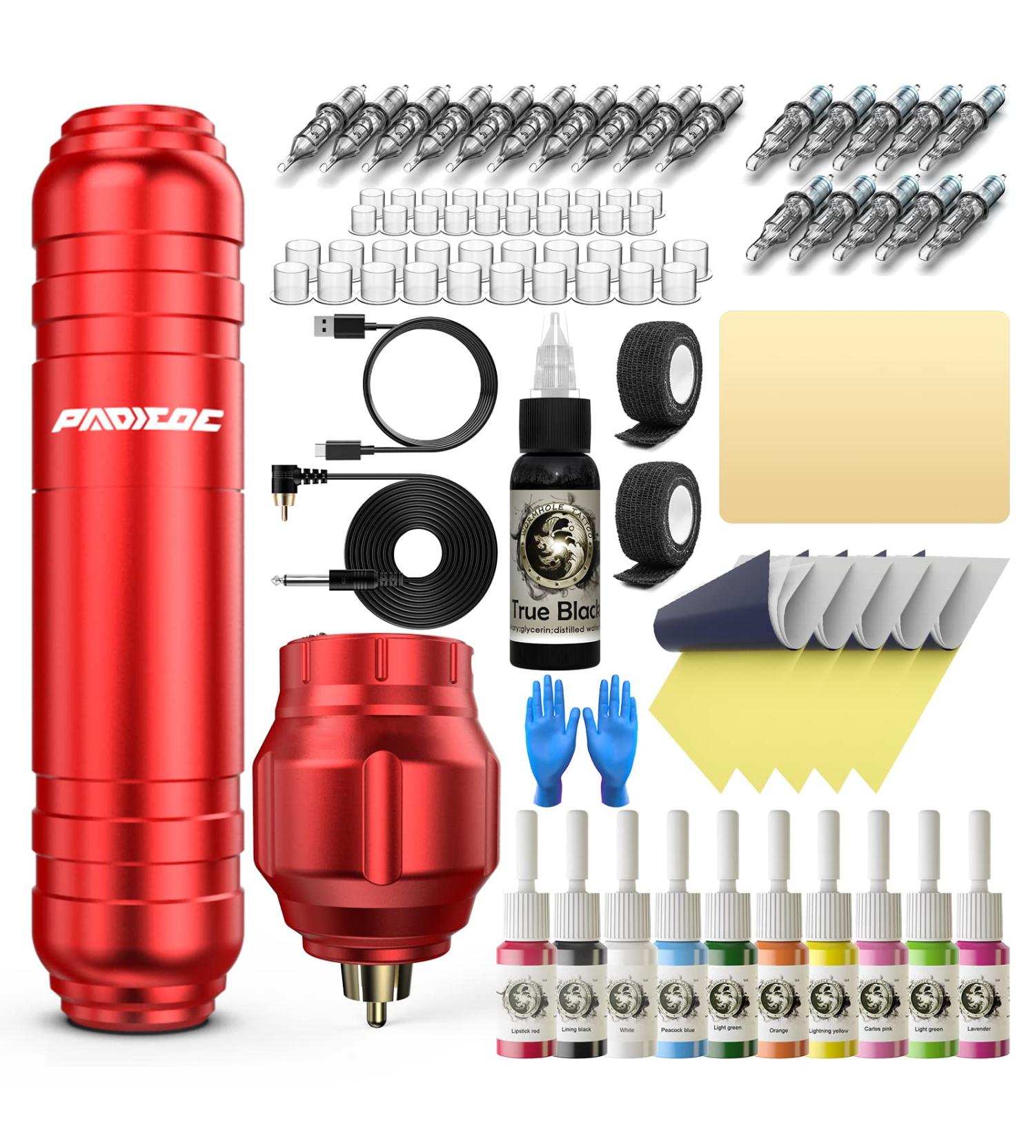 Padieoe Wireless Tattoo Kit for Beginners - Complete Portable Tattoo Pen Set in Red | WTK096 - Buy Online on GoSupps.com
