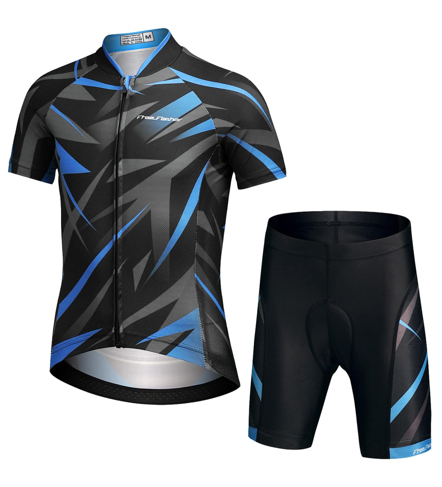 Amur Leopard Kids' Bicycle Jersey Set - Breathable Short-Sleeved Jersey & 3D Seat Cushion Shorts for Boys & Girls (Ages 14-15) - Fast Drying Blue Black Gray - Buy Online on GoSupps.com