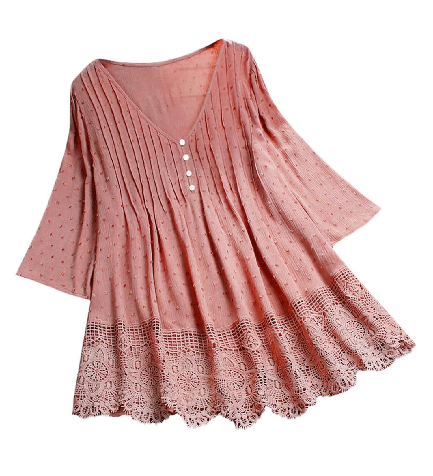 Angxiwan Plus Size Pink V Neck Button Blouse | 3/4 Sleeve Lace Hem Tunic Top XXL - Buy Online on GoSupps.com