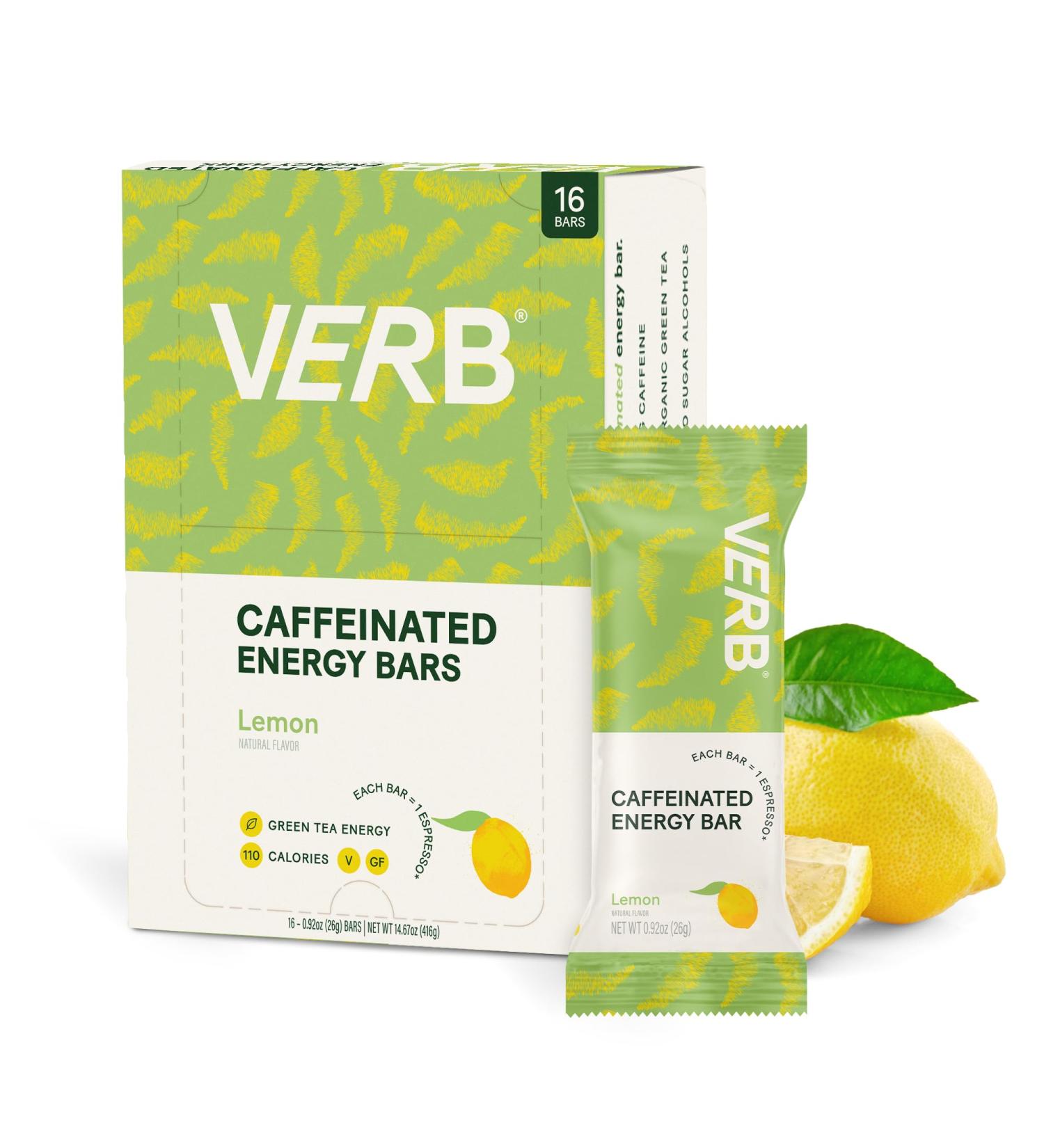 Verb Energy Lemon Caffeinated Snack Bars - 90 Calorie Low Sugar Vegan & Gluten Free Nutrition Bars with Organic Green Tea - 16 Count Pack - Buy Online on GoSupps.com