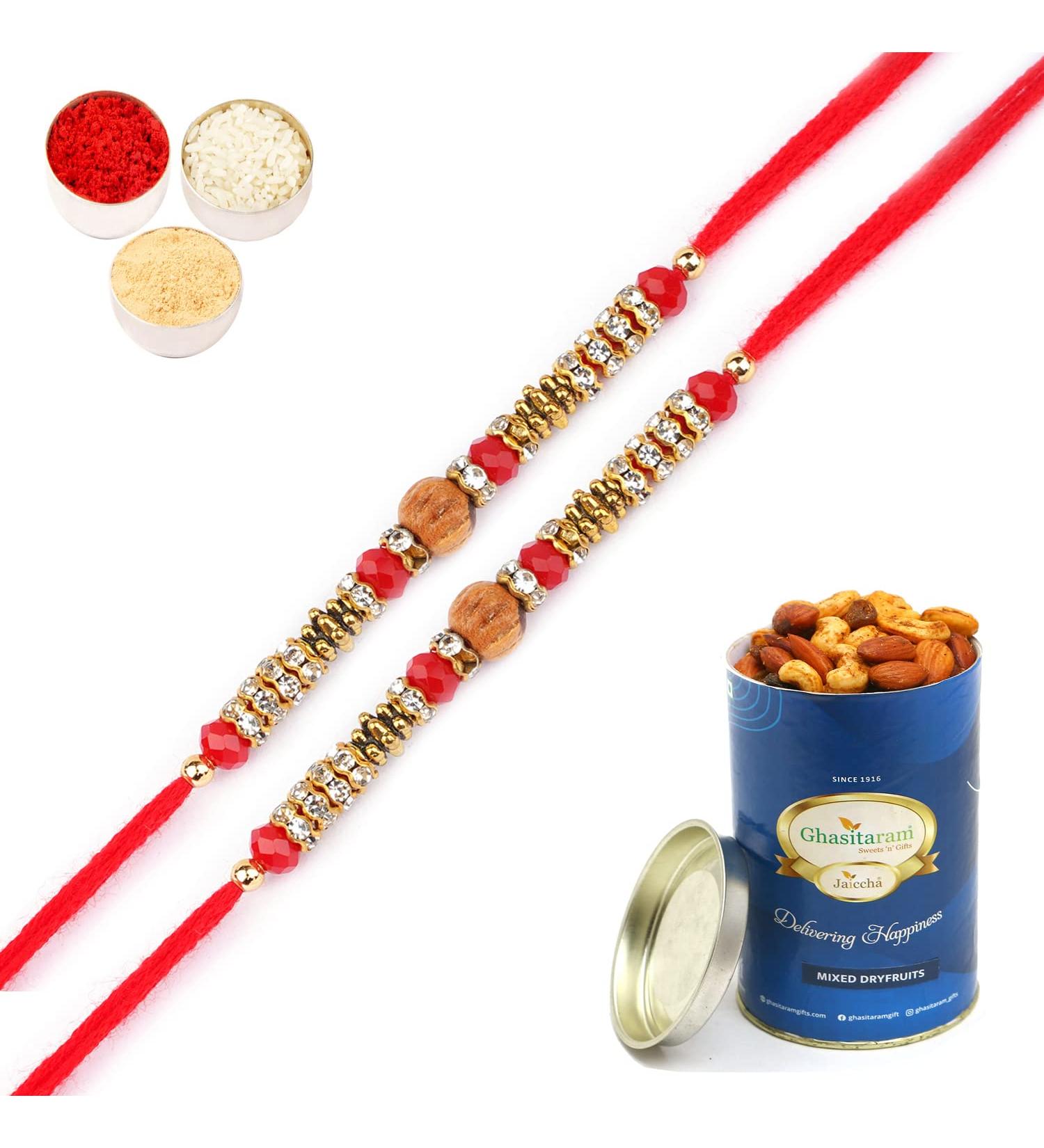 Ghasitaram Gifts Rakhi for Brother Rakhis Online - Set of 2-6968 Fancy Thread Rakhi with 100 GMS of Dryfruits Mix Can 2 Rakhi with 100 gms of Dryfruits Mix Can - Buy Online on GoSupps.com