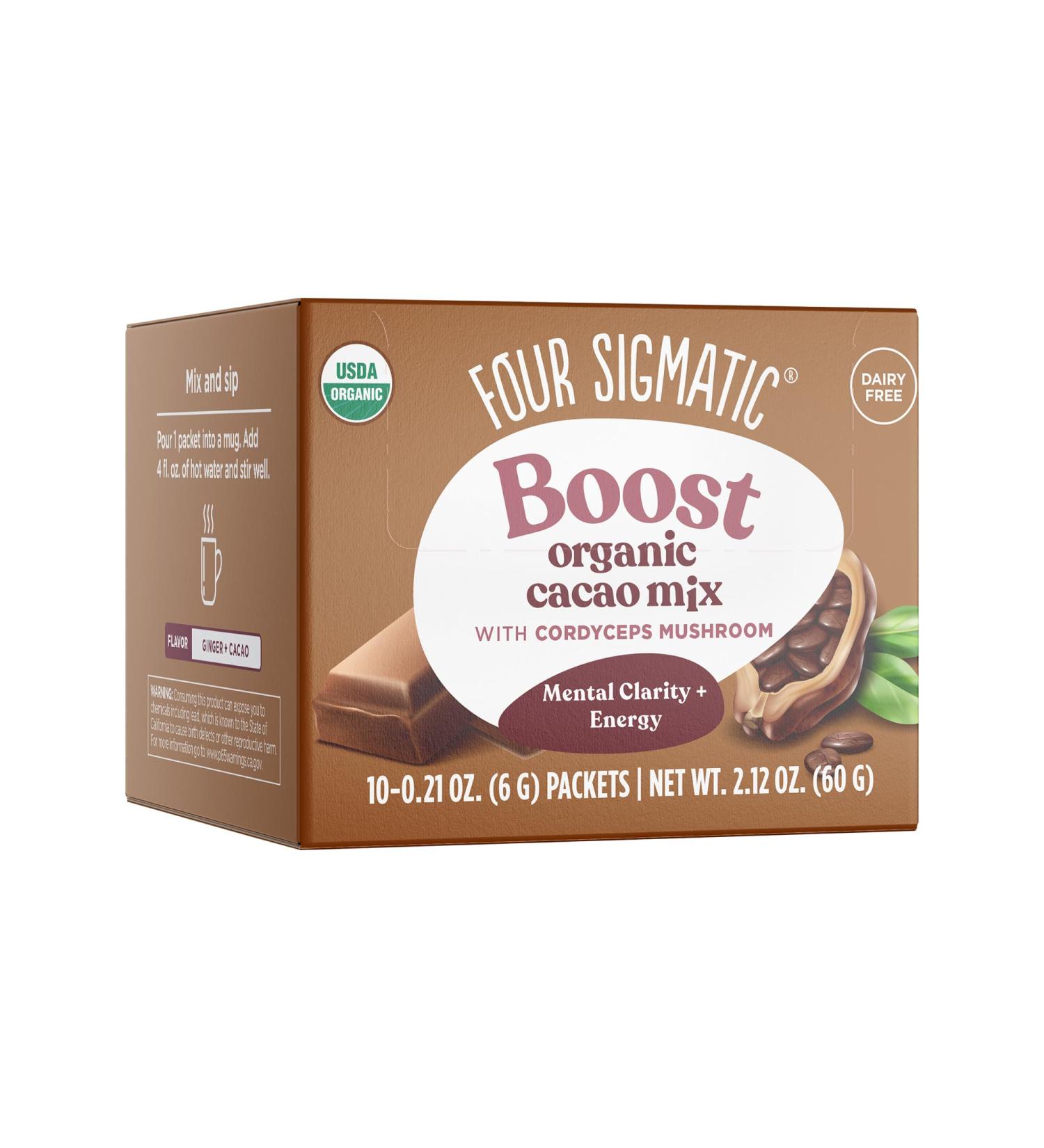 FOUR SIGMATIC Mushroom Cacao Mix | Organic Instant Cacao with Cordyceps Ginger & Coconut | Supports Performance & Energy | Drink it or Bake with it | Vegan Gluten-Free Dairy-Free | 10 Count - Buy Online on GoSupps.com