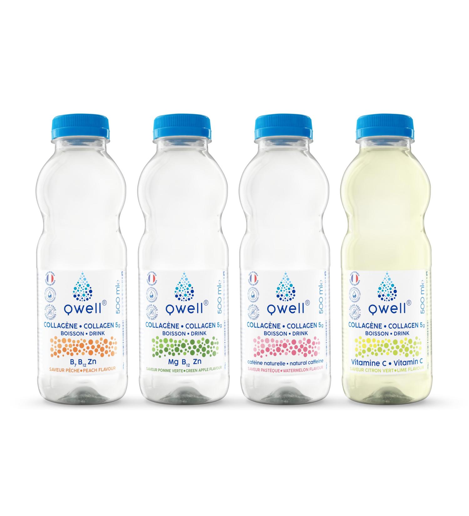 Qwell Collagen drink enriched with vitamins and nutrients. Discovery pack 4 x 500 ml 4 flavors: peach green apple waterme - Buy Online on GoSupps.com
