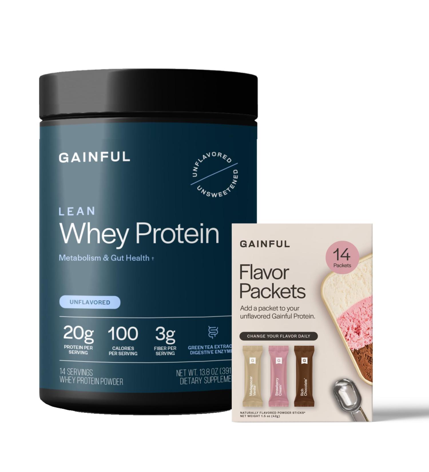 Gainful Lean Whey Protein Powder & Neapolitan Flavor Bundle 20g Protein Supports Lean Muscle Metabolism and Satiety with Green Tea Extract & Digestive Enzymes 14 Servings + 14 Flavor Sticks - Buy Online on GoSupps.com