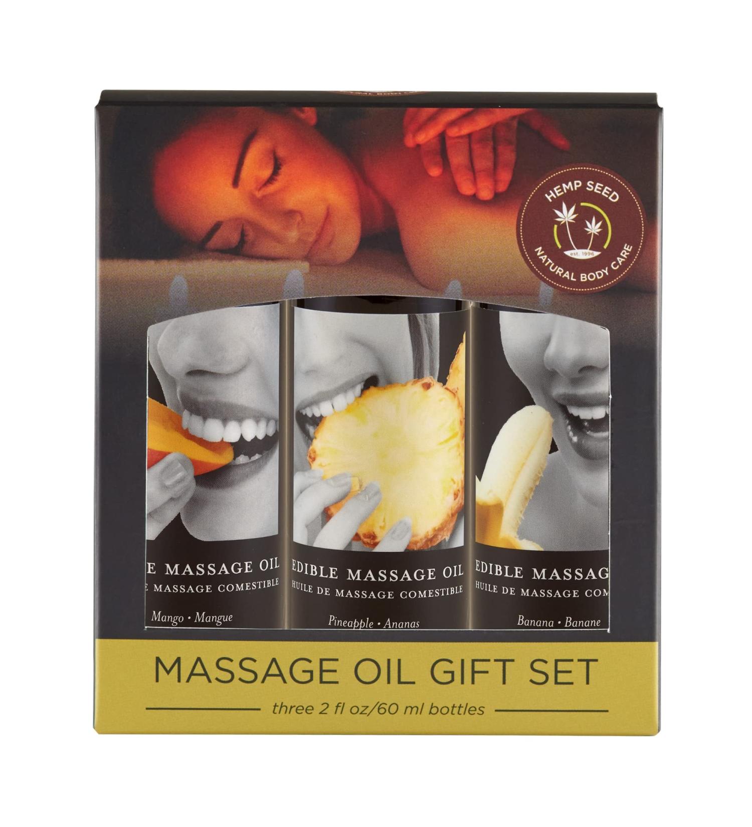 Earthly Body Edible Massage Oil Gift Set - Three 2 fl. oz. Bottles - Mango Banana & Pineapple Flavors - Hemp Seed Almond Grapeseed Apricot & Vitamin E Oil - Vegan & Cruelty Free - Buy Online on GoSupps.com
