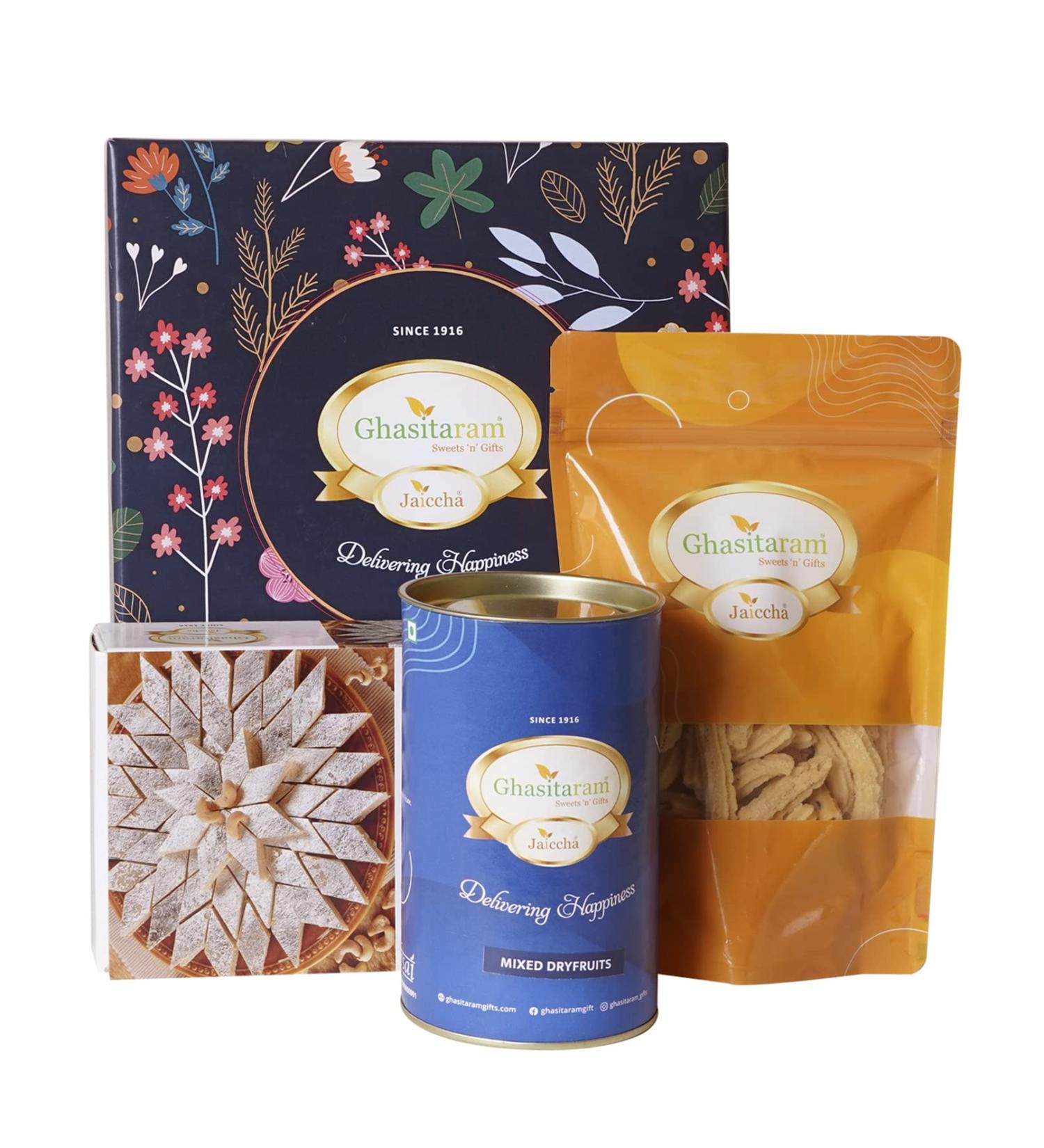 Ghasitaram Gifts Jaiccha Ghasitaram Hamper Box Small with Kaju Katli |Diwali Gifts Holi Rakhi Valentine Christmas Birthday Anniversary Gift for Her Him Mothers Day Fathers Day| - Buy Online on GoSupps.com