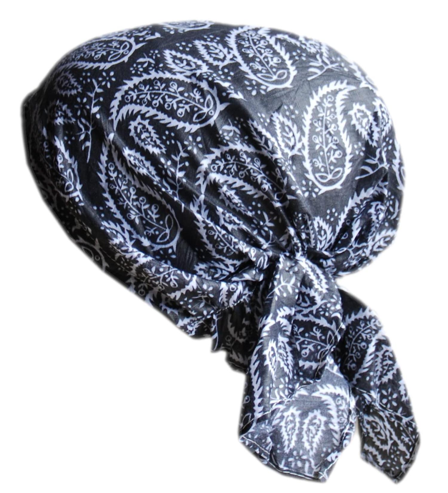 Cool4 Summer Headscarf Beach Bandana Sea Beanie Sun Sun Protection Hat Chemo Cap A04 Anthracite with Paisley Floral Pattern