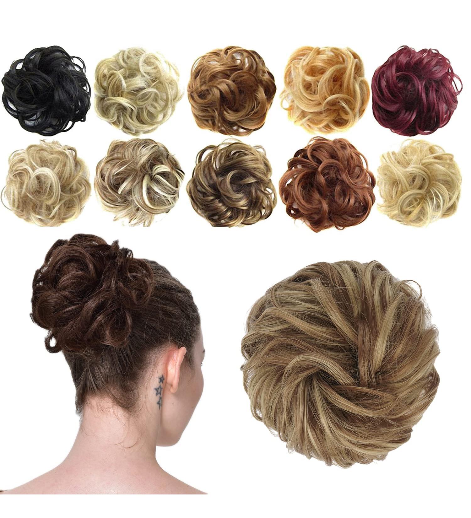 FESHFEN Messy Bun Hair Piece Scrunchie for Women Brown & Blonde Synthetic Wavy Curly Chignon Ponytail Extension - Thick Updo Hairpiece for Daily Wear - Buy Online on GoSupps.com