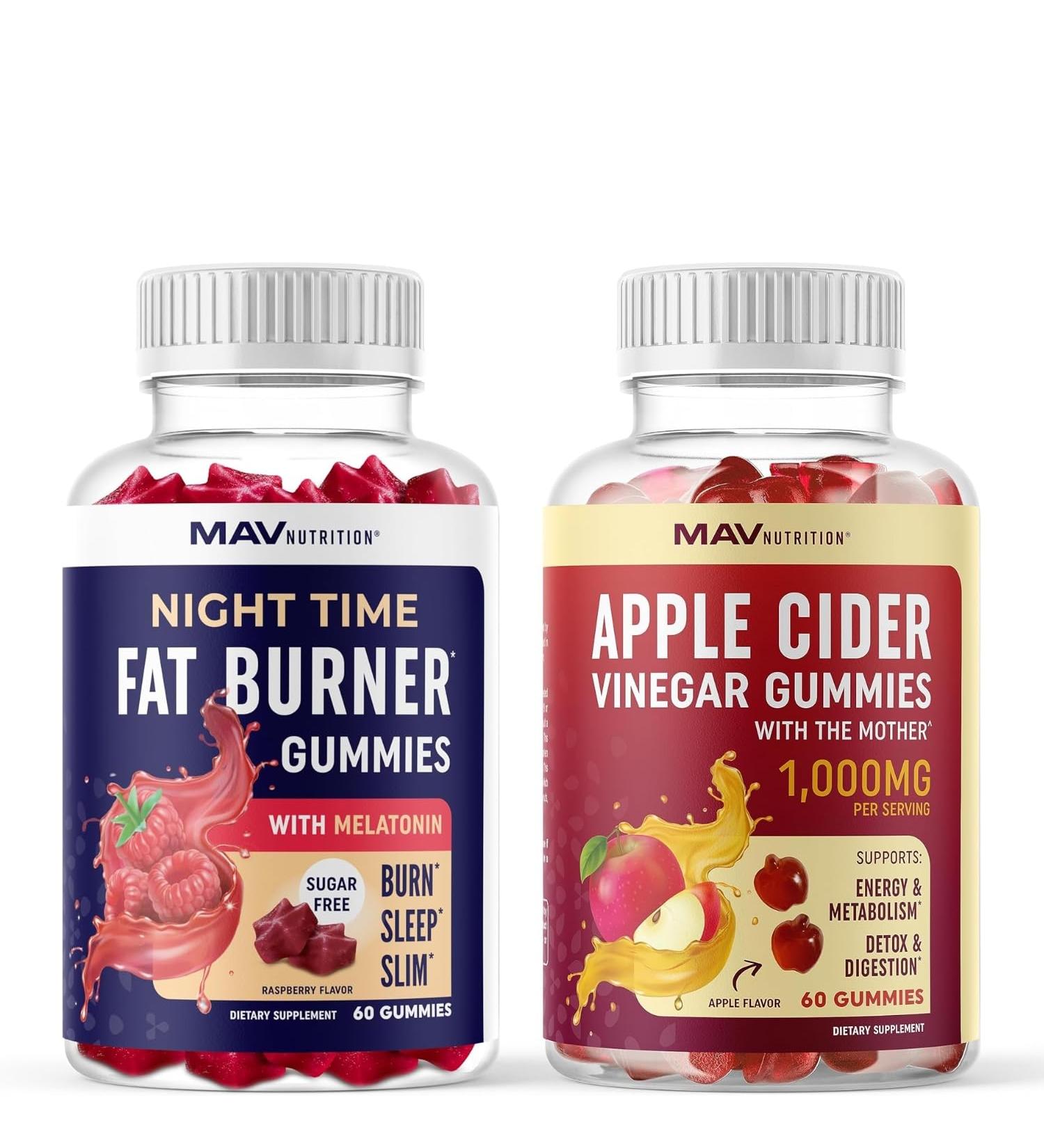 MAV NUTRITION Night Time Fat Burner Gummies and Apple Cider Vinegar Gummies | Nighttime Metabolism Boost & Weight Management Gummy Bundle | 30 Servings Each - Buy Online on GoSupps.com
