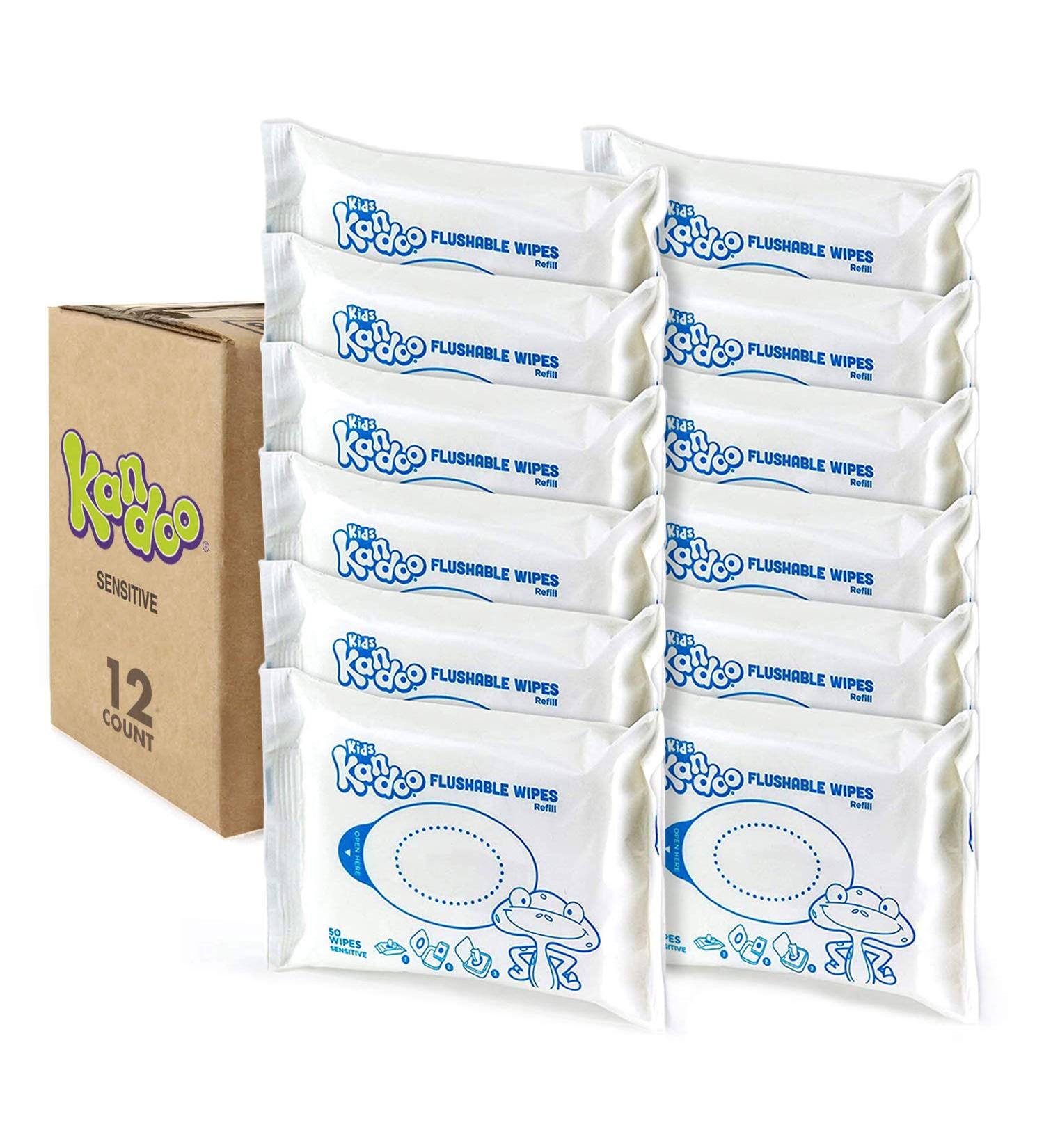 Kandoo Flushable Wipes for Baby and Kids - Unscented, Hypoallergenic, 50 Count (Pack of 12) - Buy Online on GoSupps.com