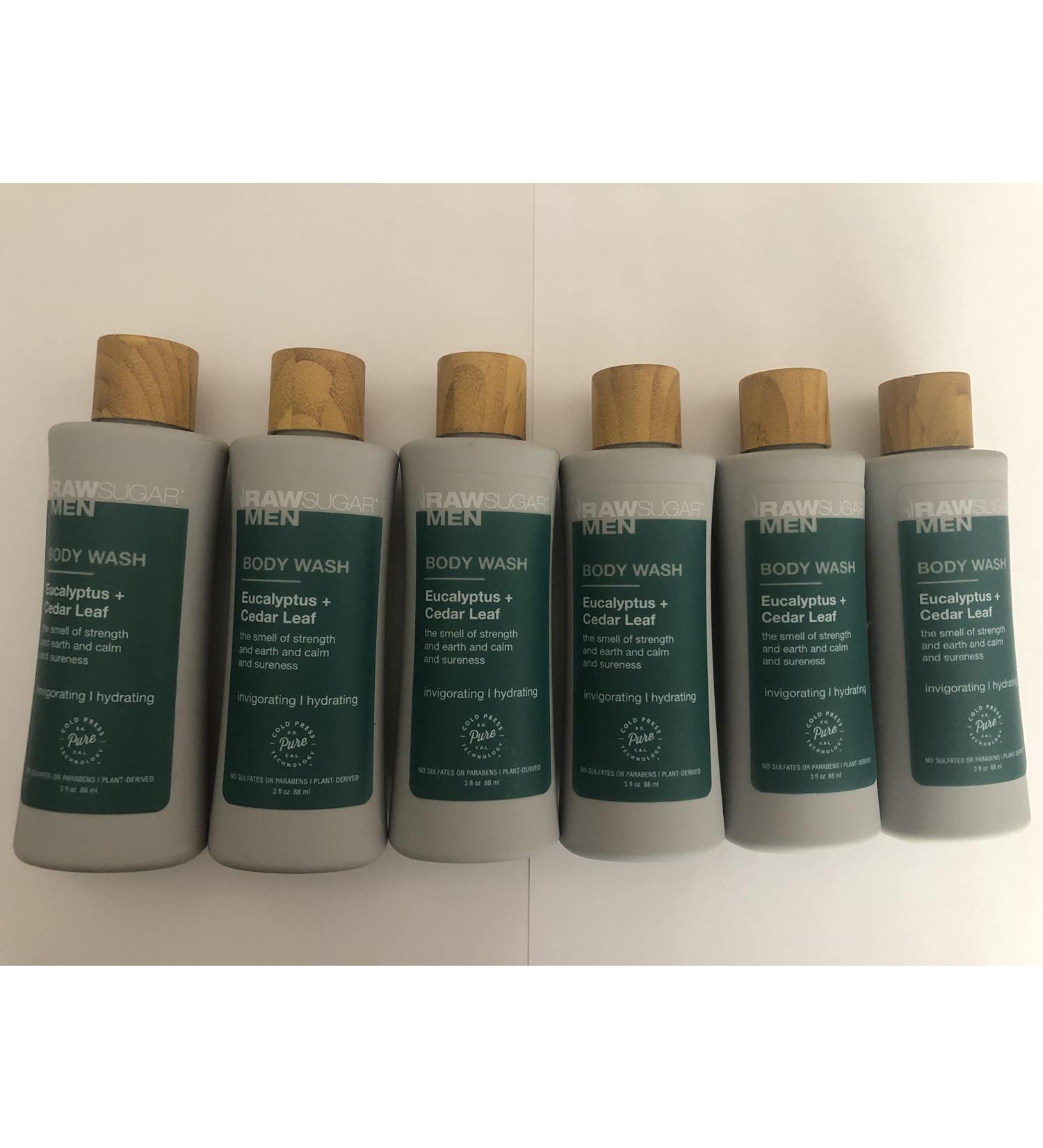 RAW SUGAR Men's Body Wash Set - 6 Travel Size Eucalyptus & Cedar Leaf 3 Fl Oz | International Shipping Available - Buy Online on GoSupps.com