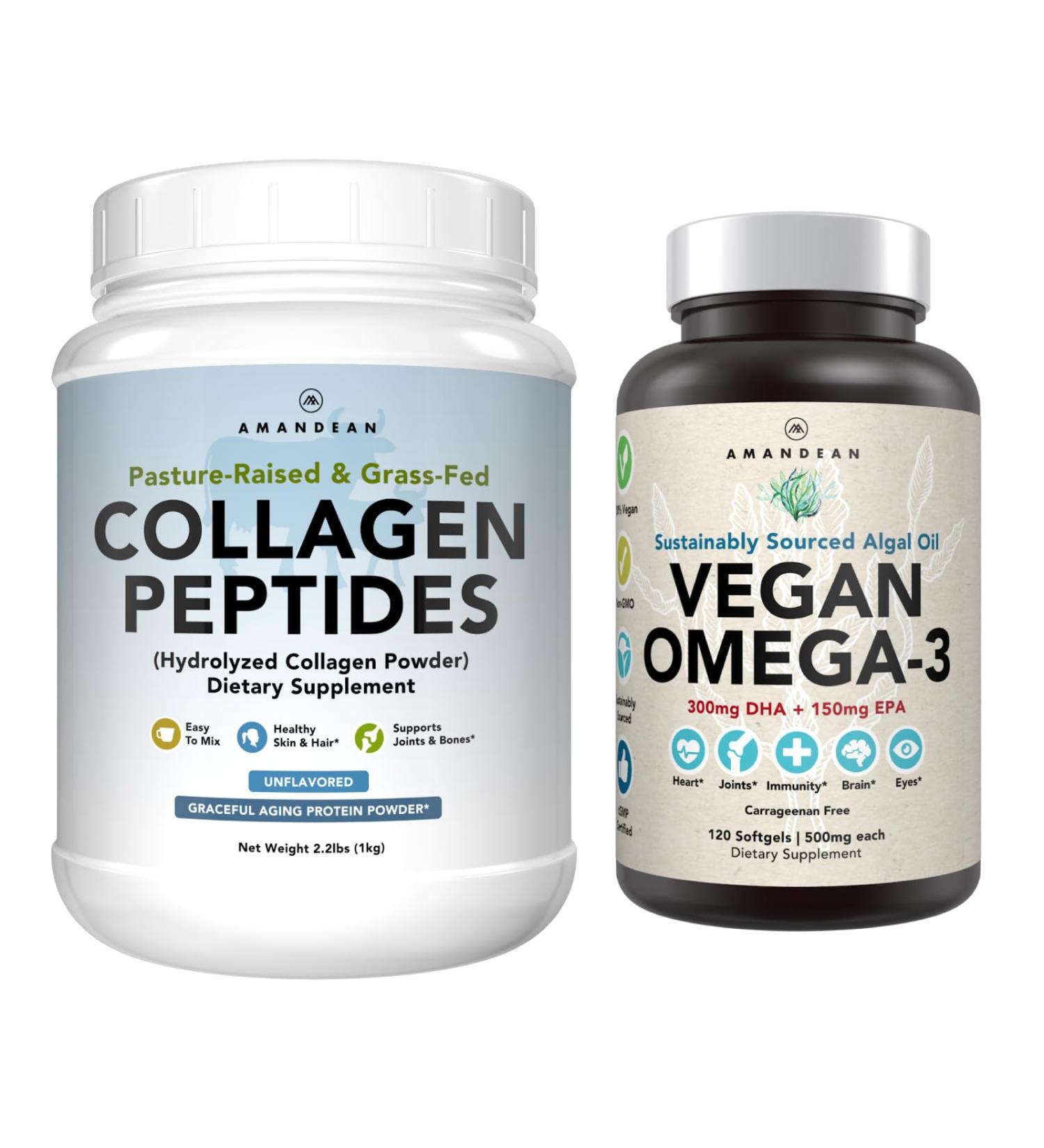 Healthy Skin & Joints Bundle - Premium Vegan Omega-3 (120 Capsules) from Marine Algae + Grass-Fed Collagen Peptides Powder (1kg - 100 Servings) Non-GMO. Radiant Skin Joints Bones & Graceful Aging - Buy Online on GoSupps.com