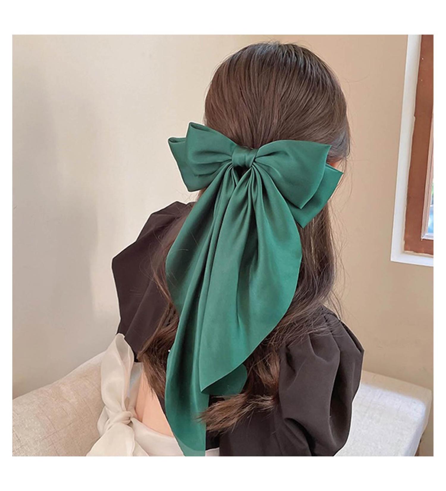 Boho Satin Hair Bow Long Bow Hair Clips Band Hair Clips Clip Large Plain Hair Bun Hair Pin French Hair Clip Scrunch ies Horse Tail Accessories (Green) - Buy Online on GoSupps.com