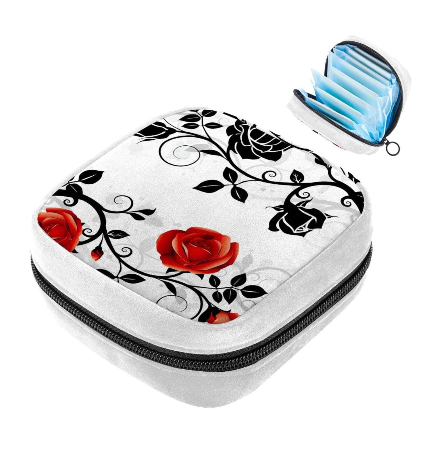 Menstrual Pad Bag with Zipper | Stylish Ladies Napkin Pouch & Tampons Collection Bag - Rose Ornament Design - Buy Online on GoSupps.com