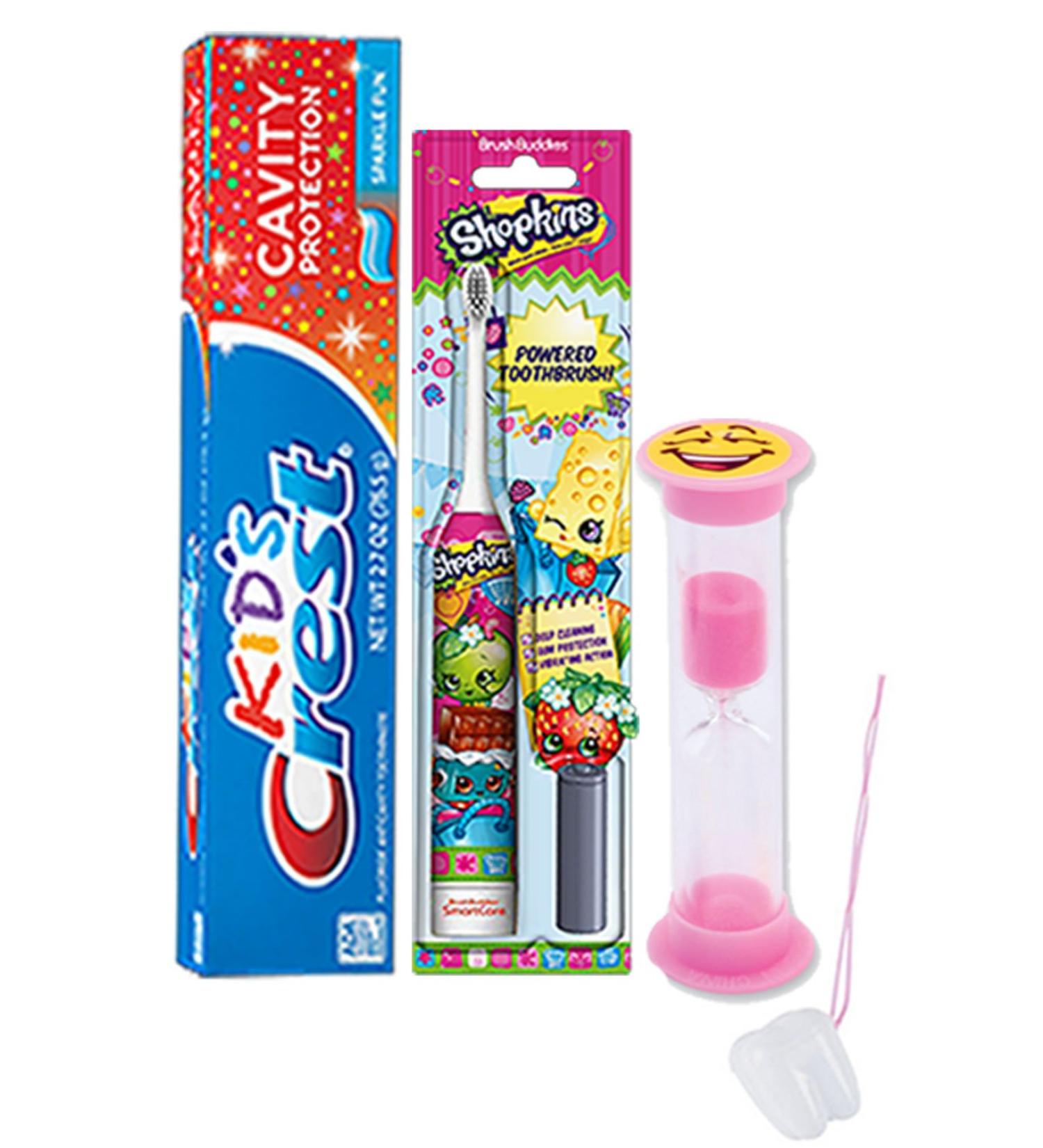 Shopkins 3pc. Bright Smile Oral Hygiene Set! Shopkins Turbo Powered Toothbrush, Crest Kids Sparkling Toothpaste & 2 Minute Teeth Brushing Timer! Plus Bonus"Remember to Brush" Visual Aid!