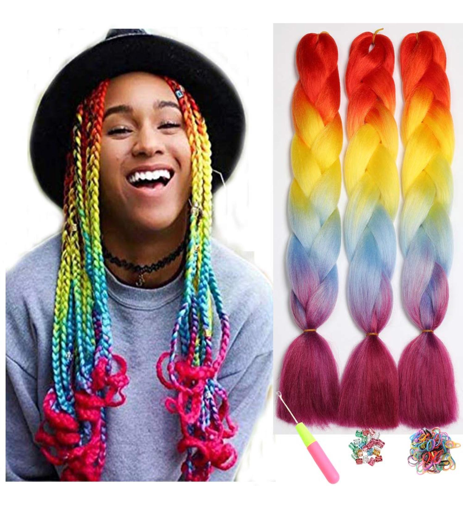 Showjarlly Kanecalon Hair Braids Extensions - Ombre Jumbo Braid 24 Kunsthaar Braiding Hair (3 Pack) - Multi-Color Yellow Blue Purple Red - Buy Online on GoSupps.com