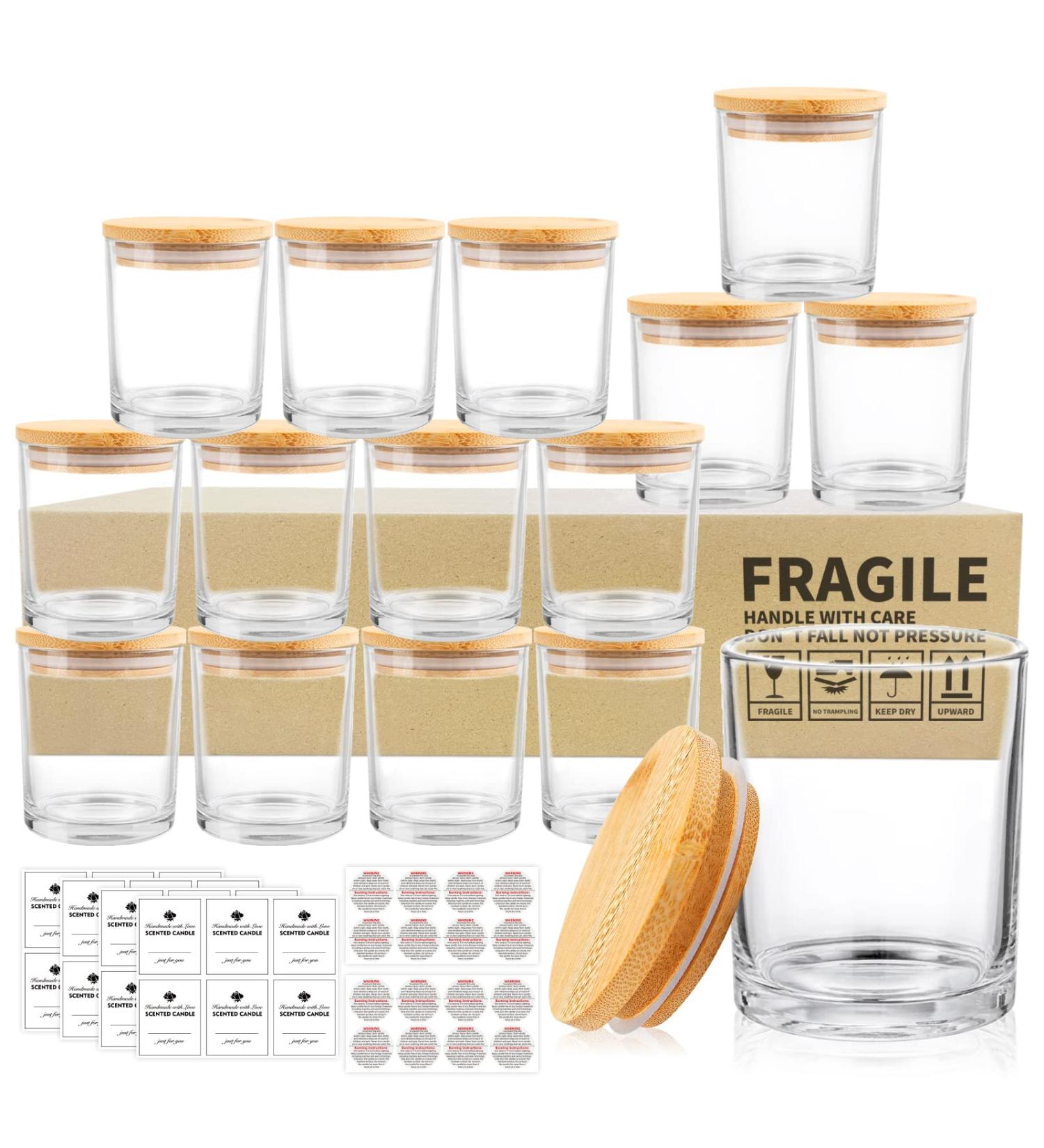 15 Pack Clear Candle Glass Jars with Bamboo Lids - 7oz Empty Candle Containers - Sticky Labels Included - Dishwasher Safe - Bulk Packaging - Buy Online on GoSupps.com
