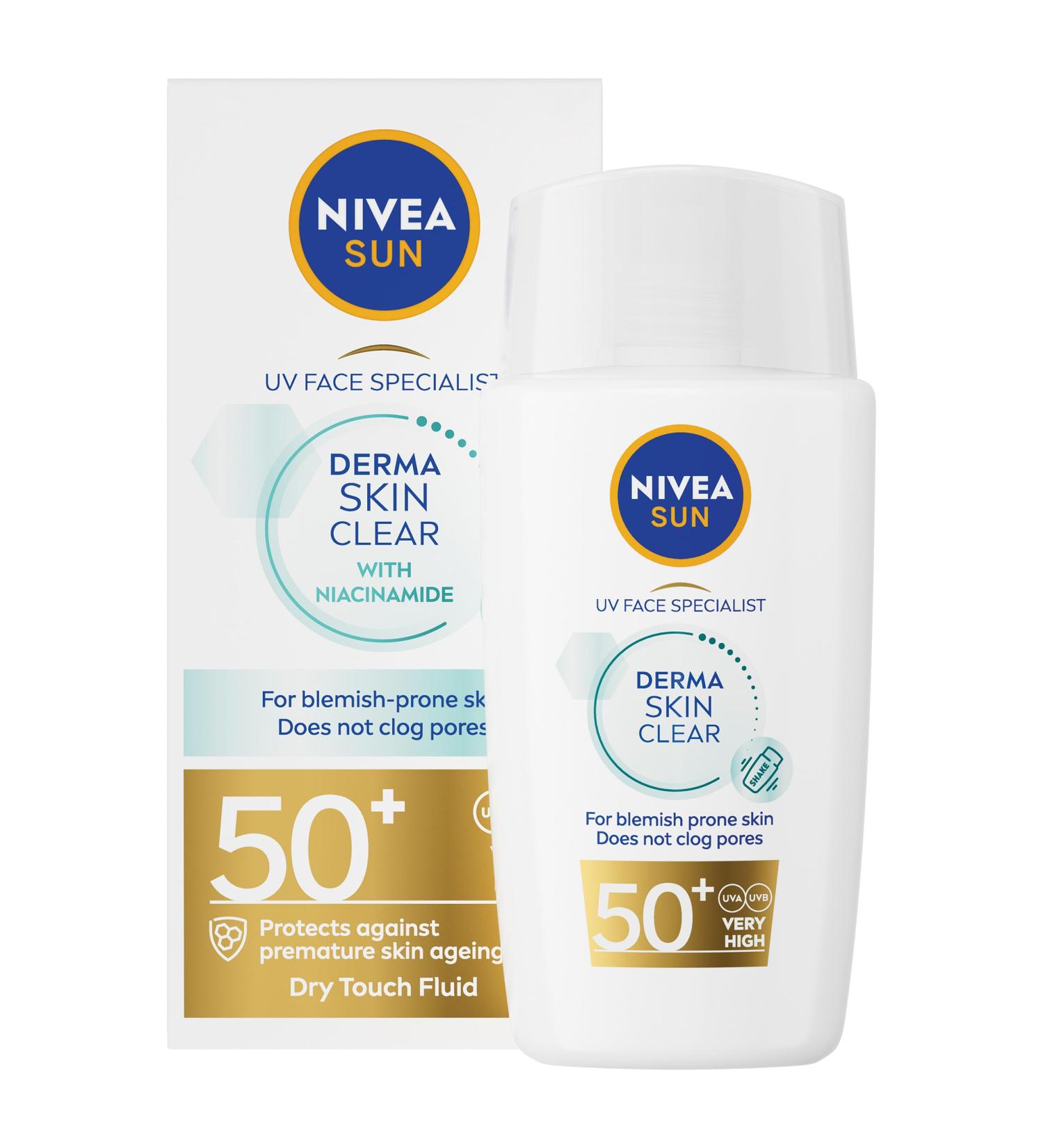 NIVEA SUN Derma Skin Clear SPF50+ (40ml) Face Sunscreen with Anti-Blemish Complex and Niacinamide Protects Against UVA/UVB Rays and Premature Skin Ageing - Buy Online on GoSupps.com