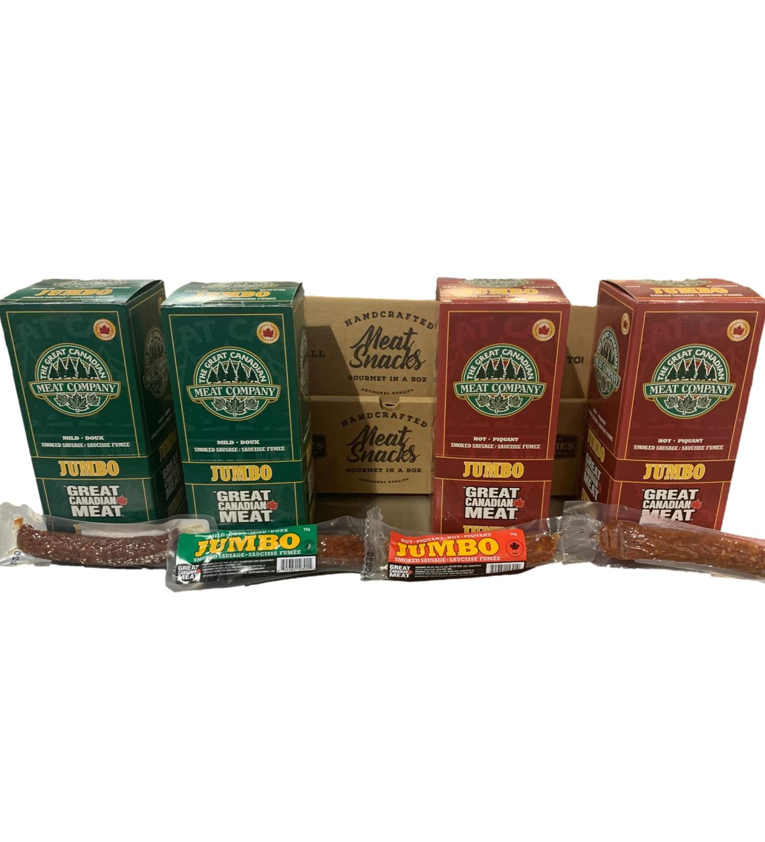 Hot & Mild 72g Jumbo Smoked Sausage Bulk Box 2x Hot / 2x Mild Caddies of Meat Snacks by Great Canadian Meat Meat Stick Snacks Bulk Sausage Pepperoni Sticks Box For Carnivores. Perfect For Snacking Gluten Free High In Protein - Buy Online on GoSupps.com